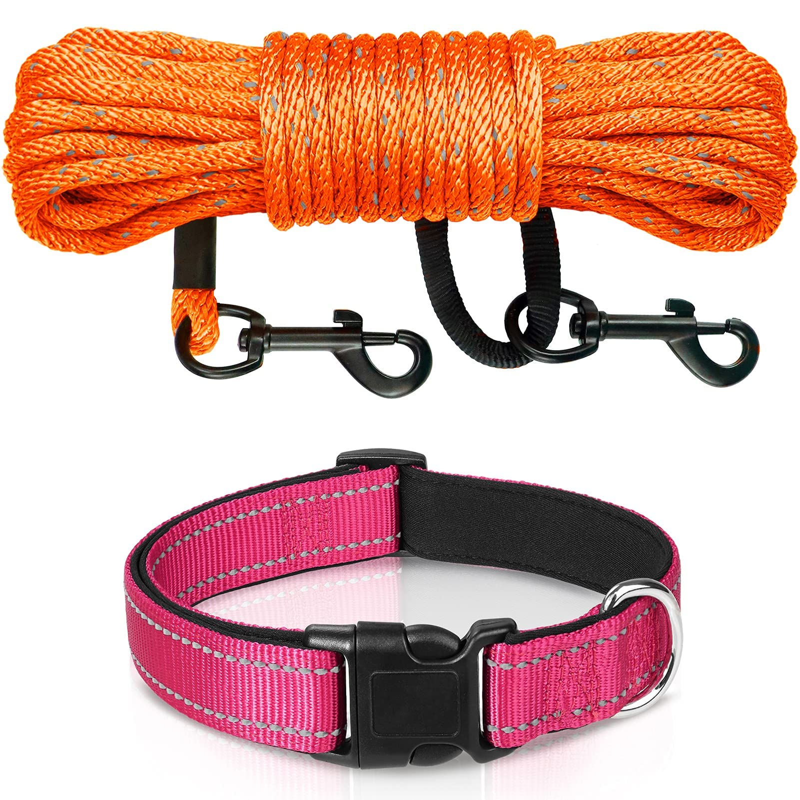 Joytale 33FT Long Dog Training Leash with Reflective Small Dog Collar Set - Durable Tie Out Rope & Check Cord for Outdoor Walking, Hiking, and Backyard Playtime
