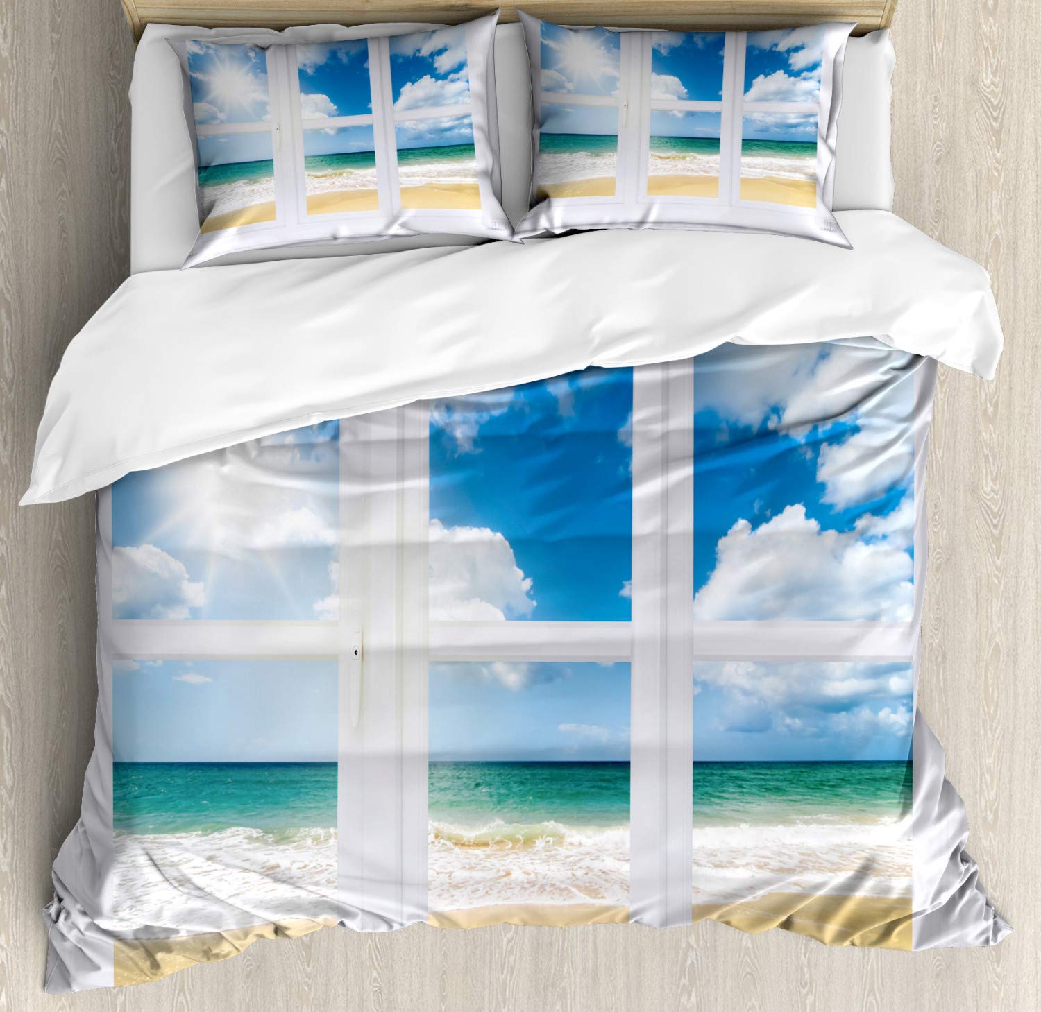 Ambesonne Beach Duvet Cover Set - Queen Size 3 Piece Coastal Bedding with 2 Pillow Shams, Ocean View & Sandy Cloudscape Design in Blue Teal Sand Brown - Perfect for Beach House Decor, Coastal Bedroom Theme & Vacation Home Styling