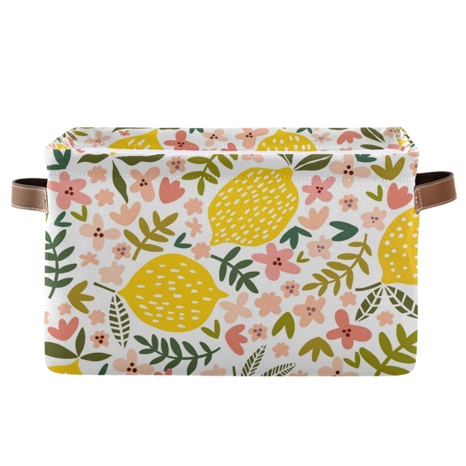 Susiyo Large Foldable Storage Bin - Beautiful Floral Lemon Fabric Collapsible Decorative Basket with PU Handles (2-Pack) | Perfect for Home Organization, Closet Storage, Bedroom & Living Room Shelves