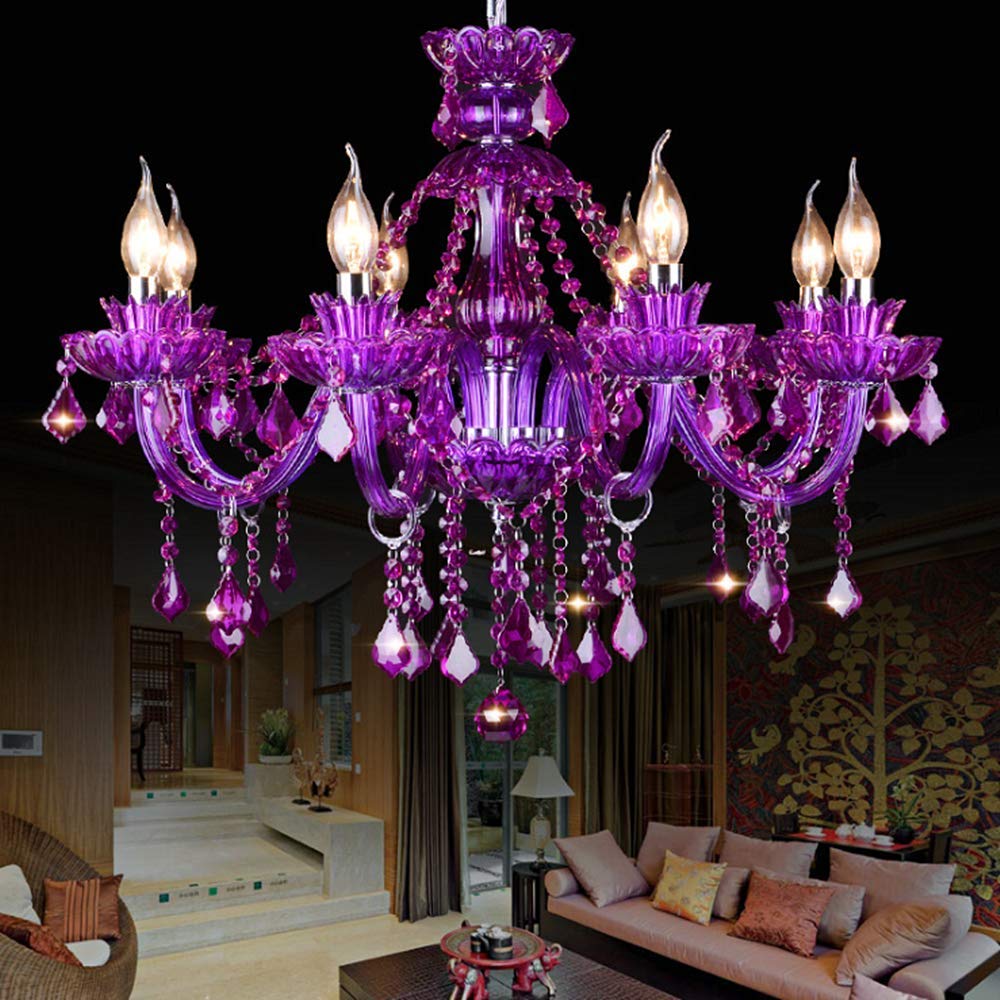 LAKIQ Modern Crystal Chandelier - Adjustable Hanging Pendant Light Fixture for Dining Room, Living Room & Bedroom - 6-Light Candle Candelabra Design (Purple) - Perfect for Home Decor, Wedding Venues & Restaurant Lighting