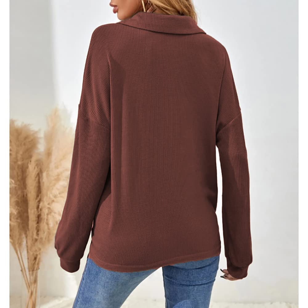 Mayntop Women's Pullover Sweater - Waffle Knit, Solid Color, Half Button, Batwing Sleeve, Turndown Collar, Loose Fit - Casual Wear, Office Outfits, Fall & Winter Fashion