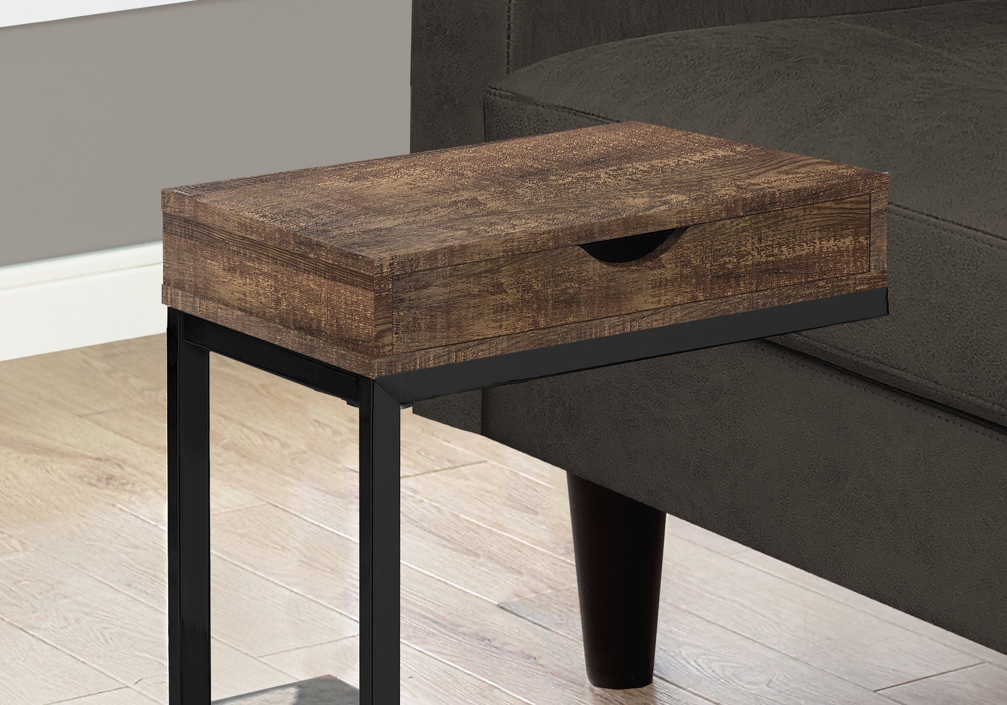 Rustic Brown Reclaimed Wood Look Accent Table with Drawer - Modern Black Side Table for Living Room, Bedroom, or Entryway Decor