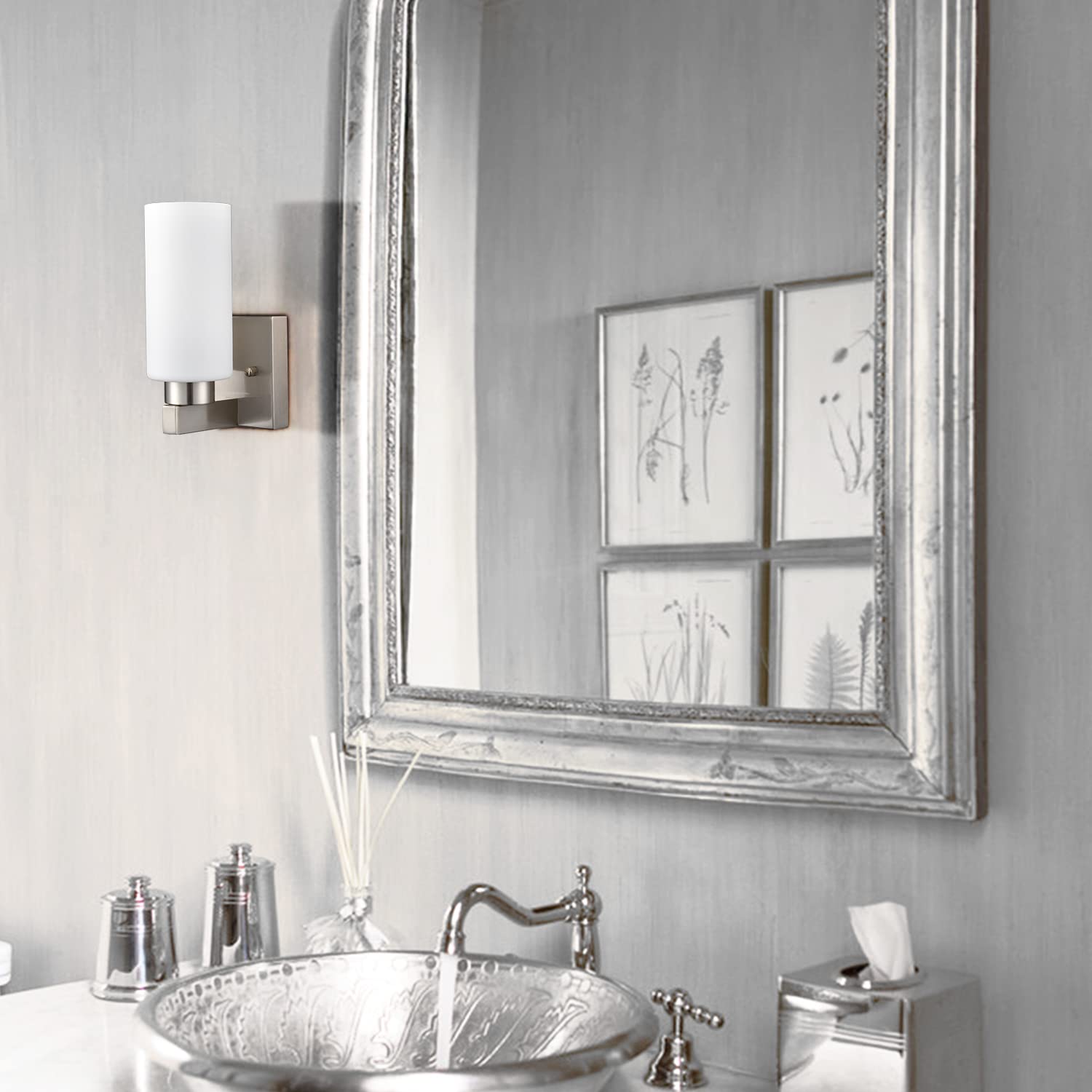 Modern Brushed Nickel Wall Sconces Set of 2 - Bathroom Vanity Lights with Milky White Cylinder Glass Shades for Bedroom, Hallway & Living Room Lighting Decor