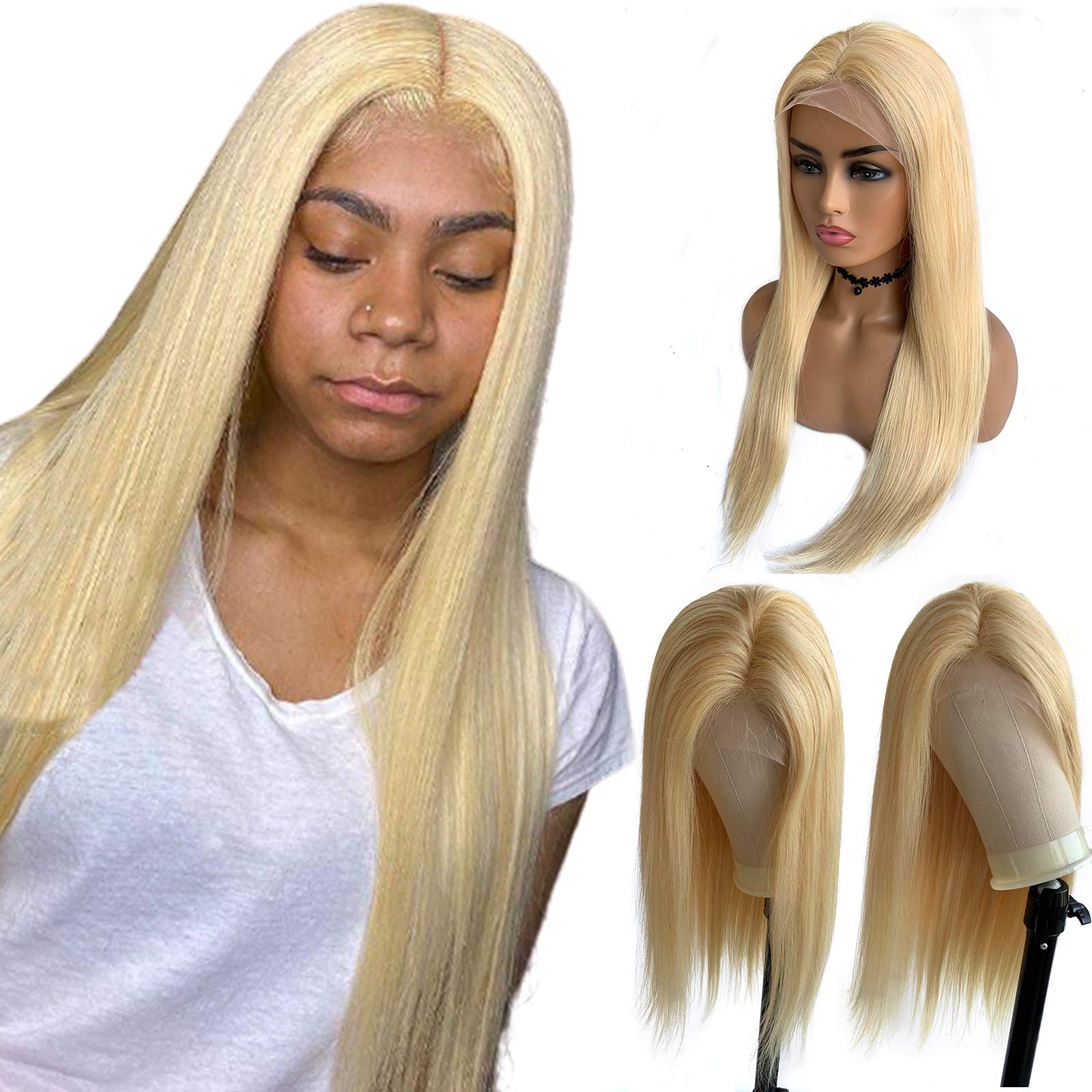 613 Blonde Brazilian Human Hair Lace Front Wig - 18 Inch Straight T-Part Lace Wig with Pre-Plucked Baby Hair & 150% Density for Black Women | Perfect for Daily Wear, Cosplay, and Special Occasions