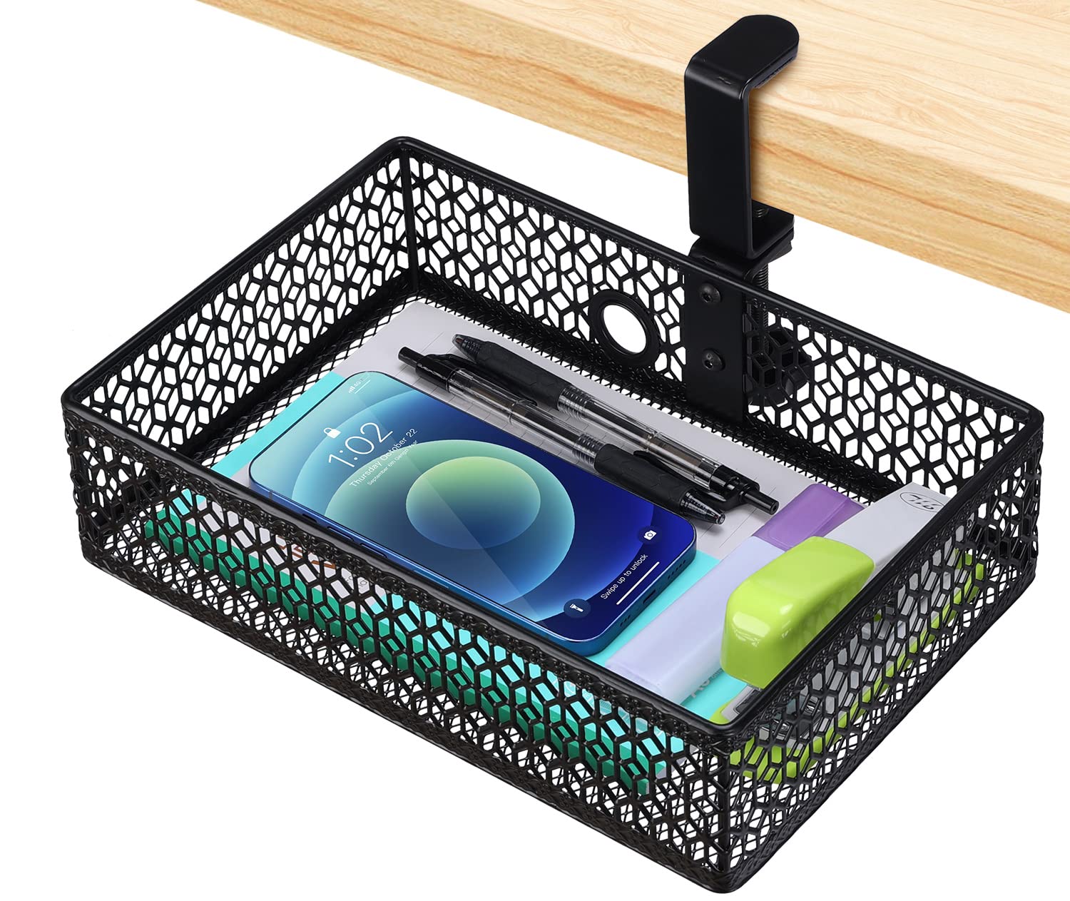 ROSYLINE Under Desk Drawer Organizer - Clamp On Desk Storage Basket, Hanging Mount Tray for Office, Home & Dorm - Space Saving Black Under Desk Organizer for Files, Stationery & Office Supplies