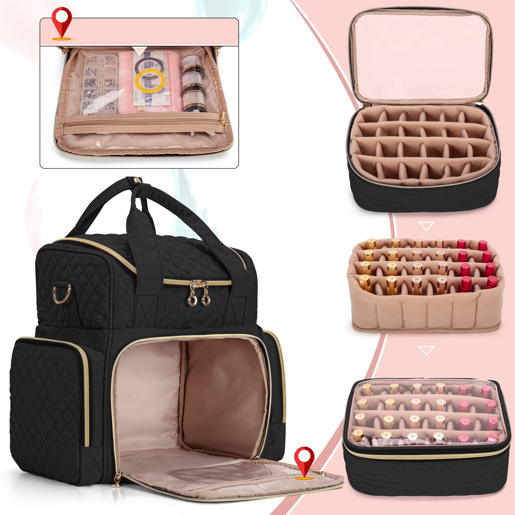 LUXJA 48 Bottle Nail Polish Organizer with Nail Lamp - Portable Nail Art Storage Case with 2 Removable Bags & Tool Pockets (Black) - Perfect for Salon Professionals & At-Home Manicures