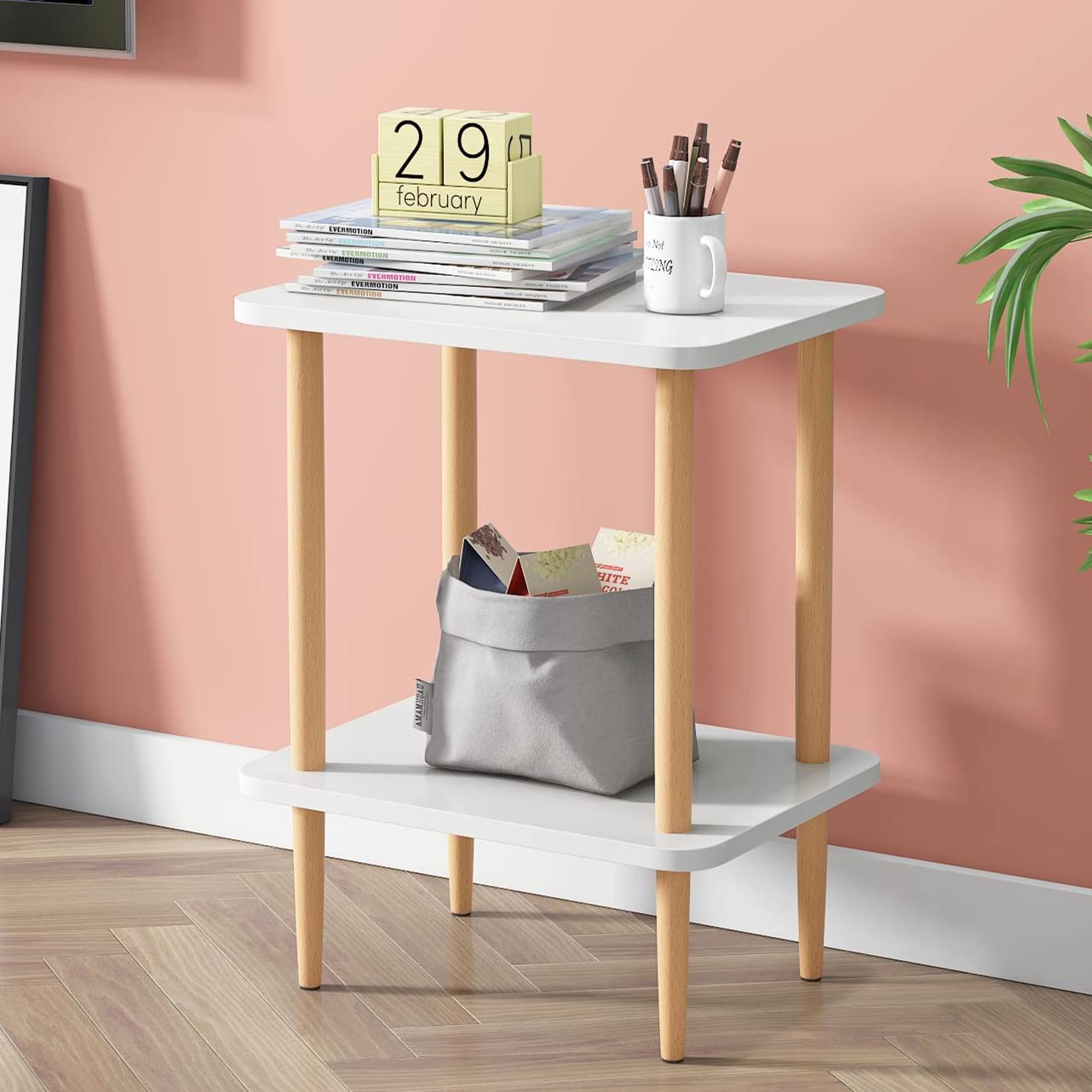 Exilot 2-Tier Wooden Side Table with Storage Shelf - Tall End Table & Nightstand for Bedroom, Living Room & Office - Easy No-Tool Assembly (White) - Perfect for Small Spaces, Reading Nook & Bedside Storage