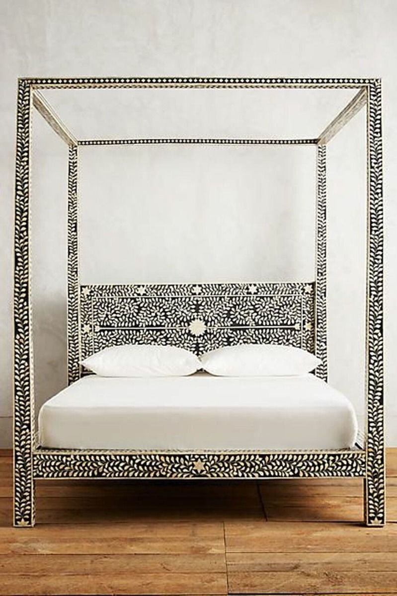 Handmade Bone Inlay Canopy Platform Bed Frame - Queen Size Black Wooden Bed for Master Bedroom Decor | Luxurious Boho Chic Style Bedroom Furniture for Home & Hotel Use