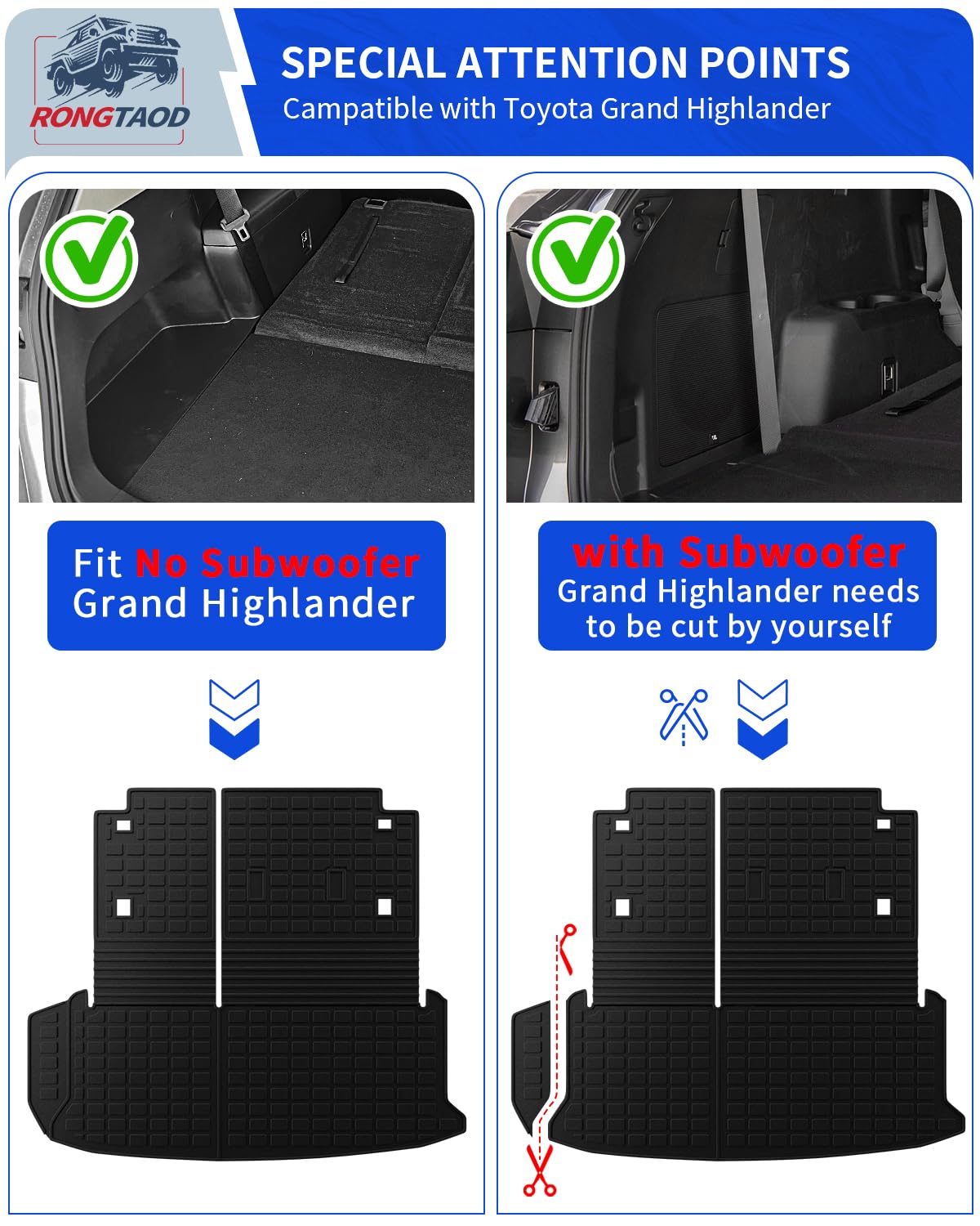 **Rongtaod Custom Fit Floor Mats for 2024-2025 Toyota Grand Highlander 7 & 8 Seats - All-Weather Trunk Liner, Cargo Mat, Back Seat Cover Protector - Durable Interior Accessories (Full Set: Trunk Mat with Backrest + Floor Mats) - Perfect for Road Trips, Family Travel & Daily Commute**