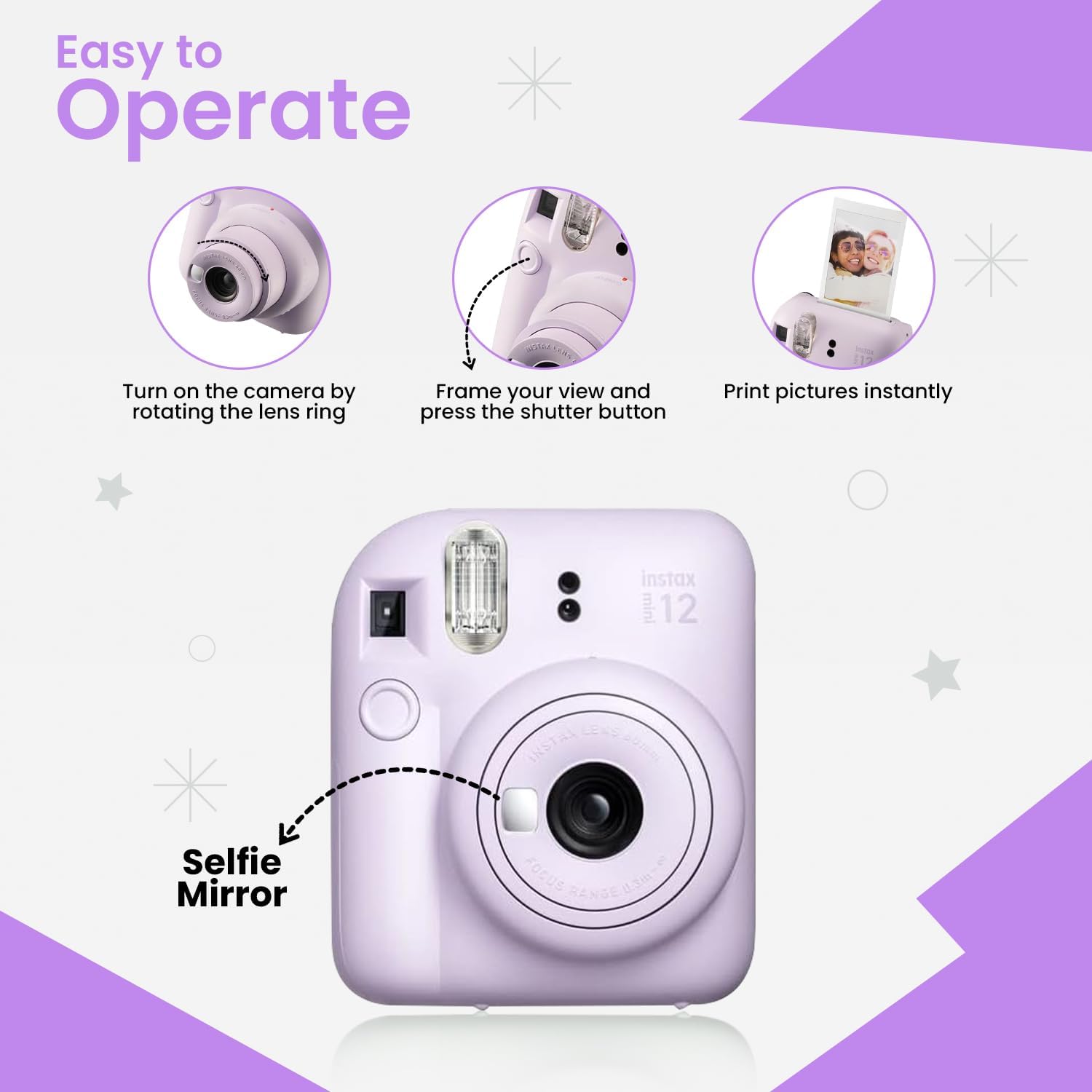 Fujifilm Mini 12 Instant Camera Starter Kit with 60 Sheets Mini Film, 4 AA Batteries & Lens Cloth - Lilac Purple | Perfect for Travel, Parties & DIY Photo Albums
