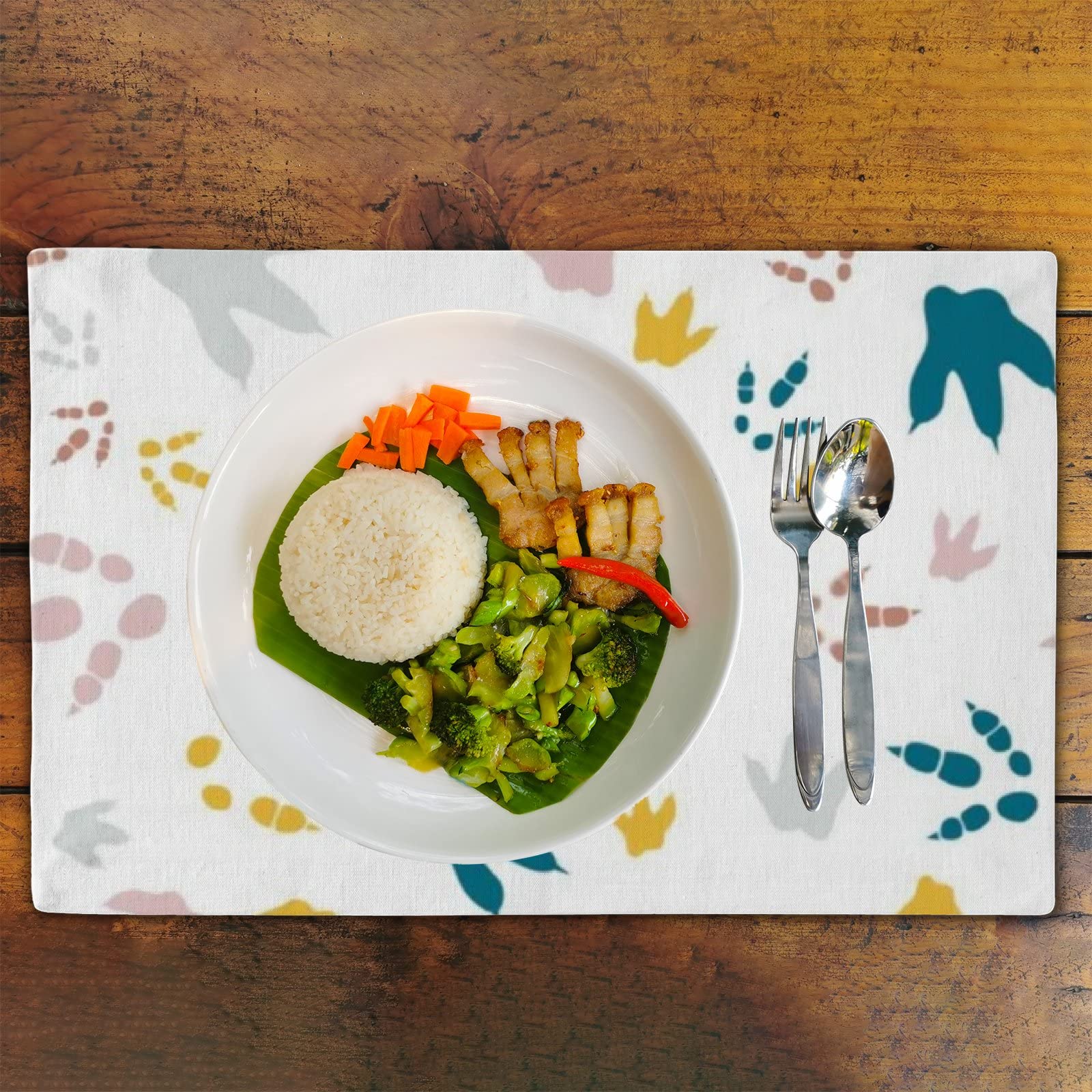 ZHIAMI Heat-Resistant Linen Placemats Set - Cute Dinosaur Footprint Design Washable Table Mats for Dining & Kitchen Counter Protection | Perfect for Family Meals, Kids Parties & Home Decor