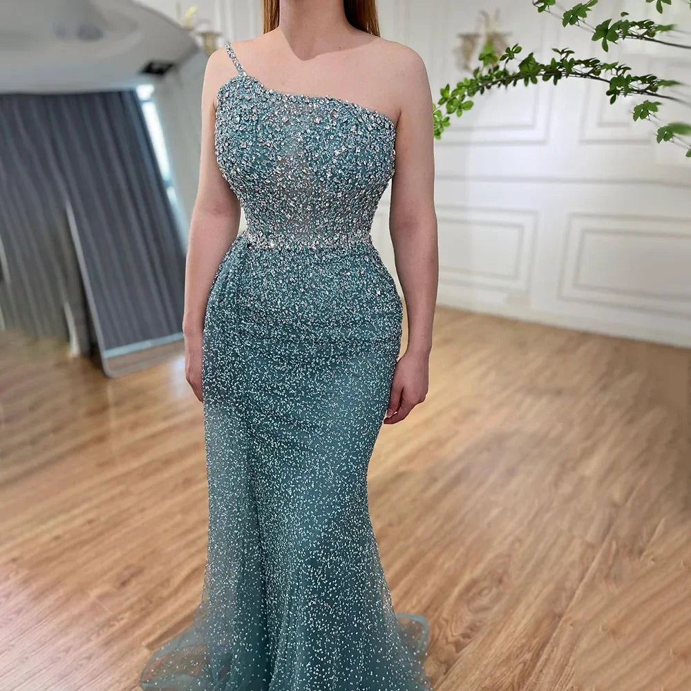 Sparkly Crystal Turquoise One Shoulder Evening Dress LA72144 - Elegant Formal Gown for Prom, Wedding & Special Occasions