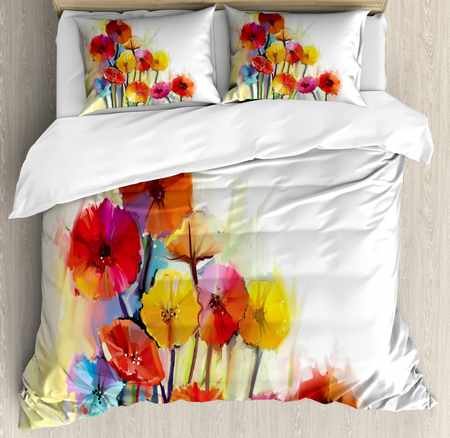 Ambesonne Floral Duvet Cover Set - Queen Size 2-Pack with 2 Duvet Covers & 4 Pillowcases | Romantic Gerbera Bouquet Design in Red & Yellow | Nature-Inspired Bedroom Decor for Master Bedroom, Guest Room & Dorm