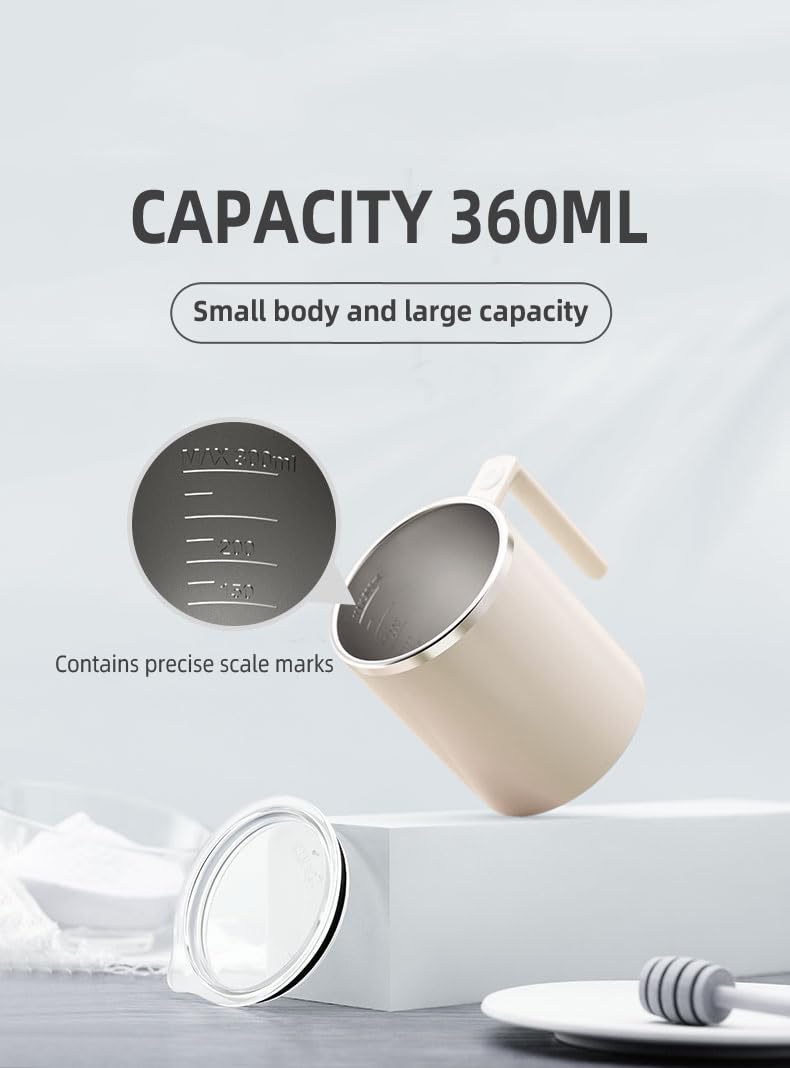 Electric Stirring Coffee Mug - Self Mixing Travel Mug for Coffee, Tea, Milk & Hot Chocolate - 12oz Insulated Stainless Steel Thermos with Auto Stirrer - Perfect for Office, Commute & Home Use (Cream White)