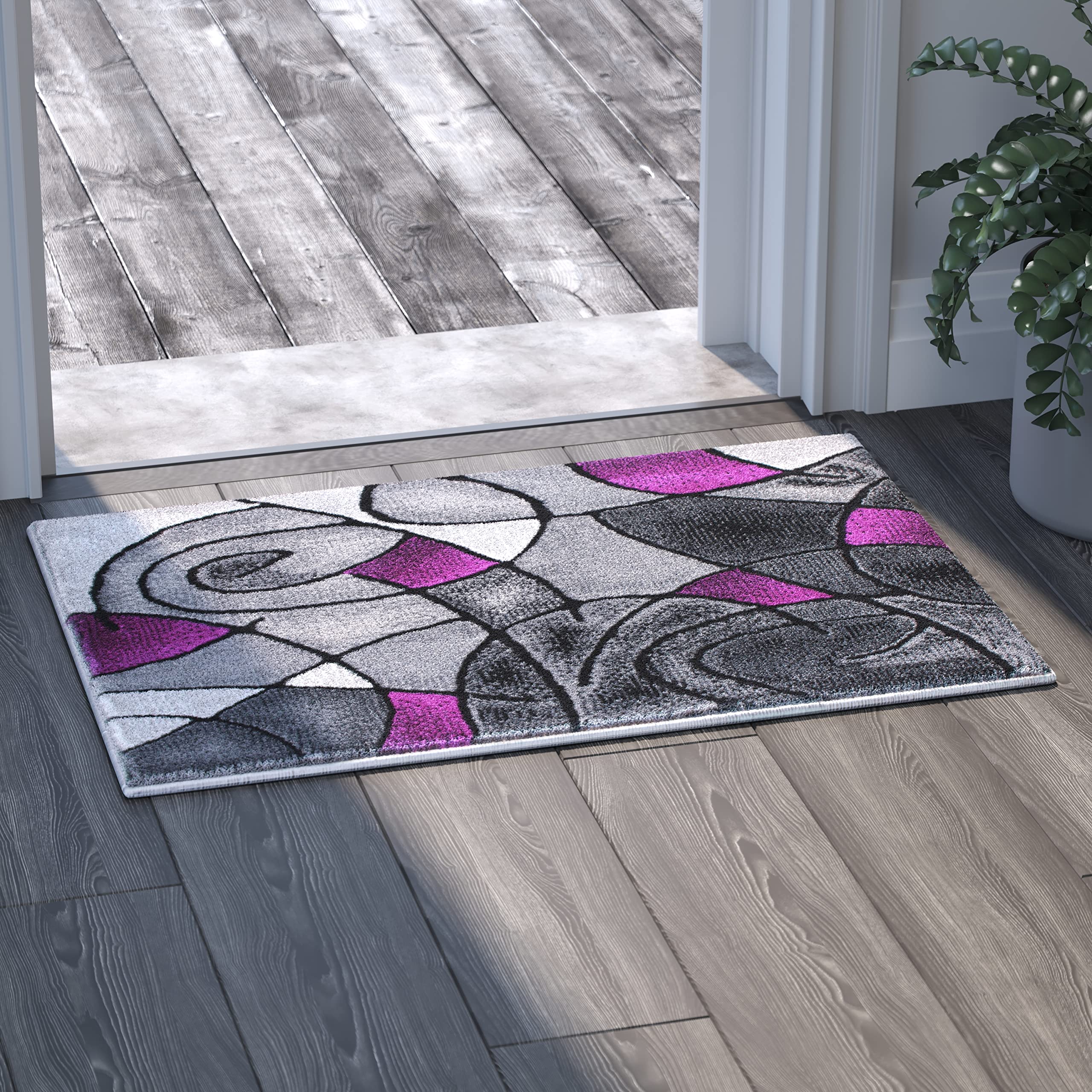 EMMA + OLIVER Soft Abstract Geometric Area Rug - 2x3 Feet Gradient Gray with Purple Accents - Stain & Moisture Resistant Olefin Rug for Living Room, Bedroom, Office Decor