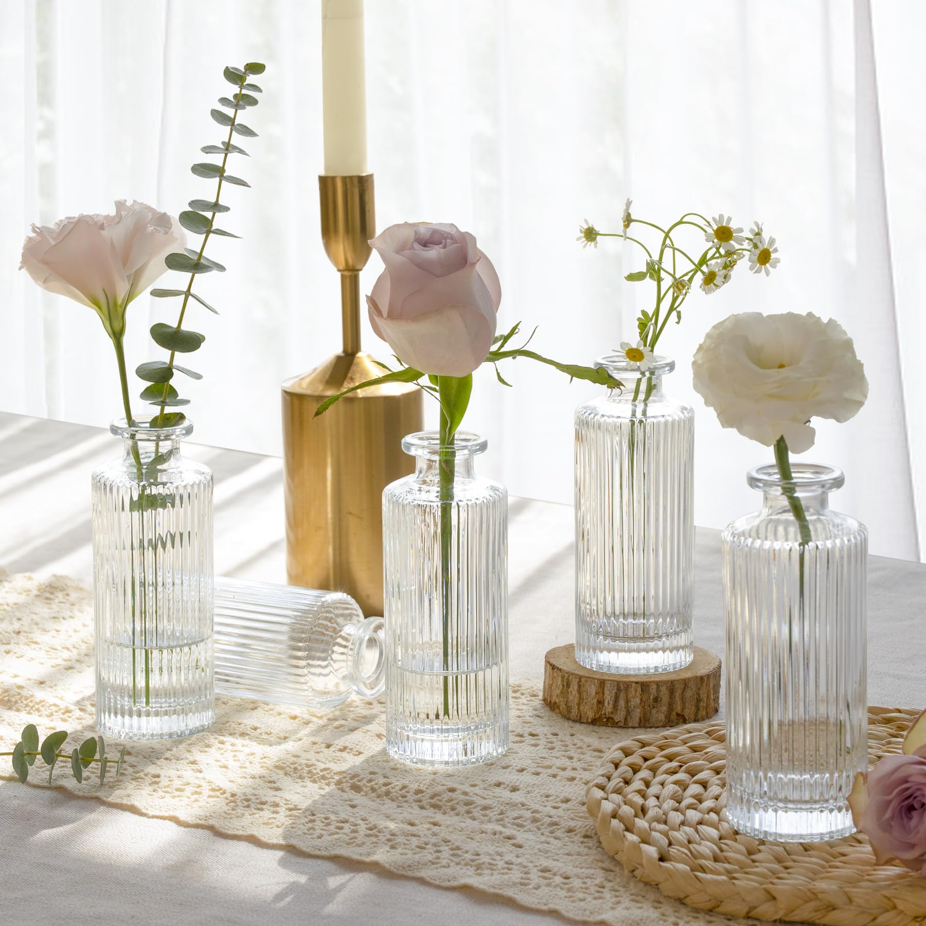 ComSaf Small Clear Glass Bud Vases - 12 Pack Mini Flower Vases for Wedding Centerpieces, Table Decor, Home Decoration & Housewarming Gifts | Elegant Ribbed Design for Floral Arrangements, Parties & DIY Projects