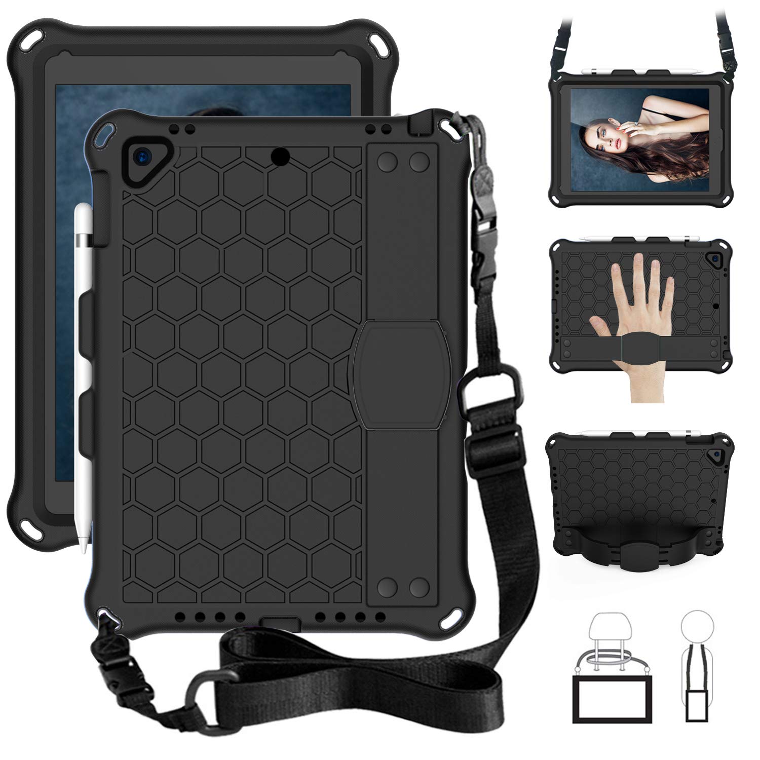 UGOcase Shockproof iPad Case with Kickstand & Pencil Holder - Compatible with iPad 5th/6th Gen, iPad Air 2/Air, iPad Pro 9.7 inch - Durable Silicone Cover with Shoulder Strap & Hand Strap for Kids (Black) | Perfect for School, Travel, and Outdoor Activities