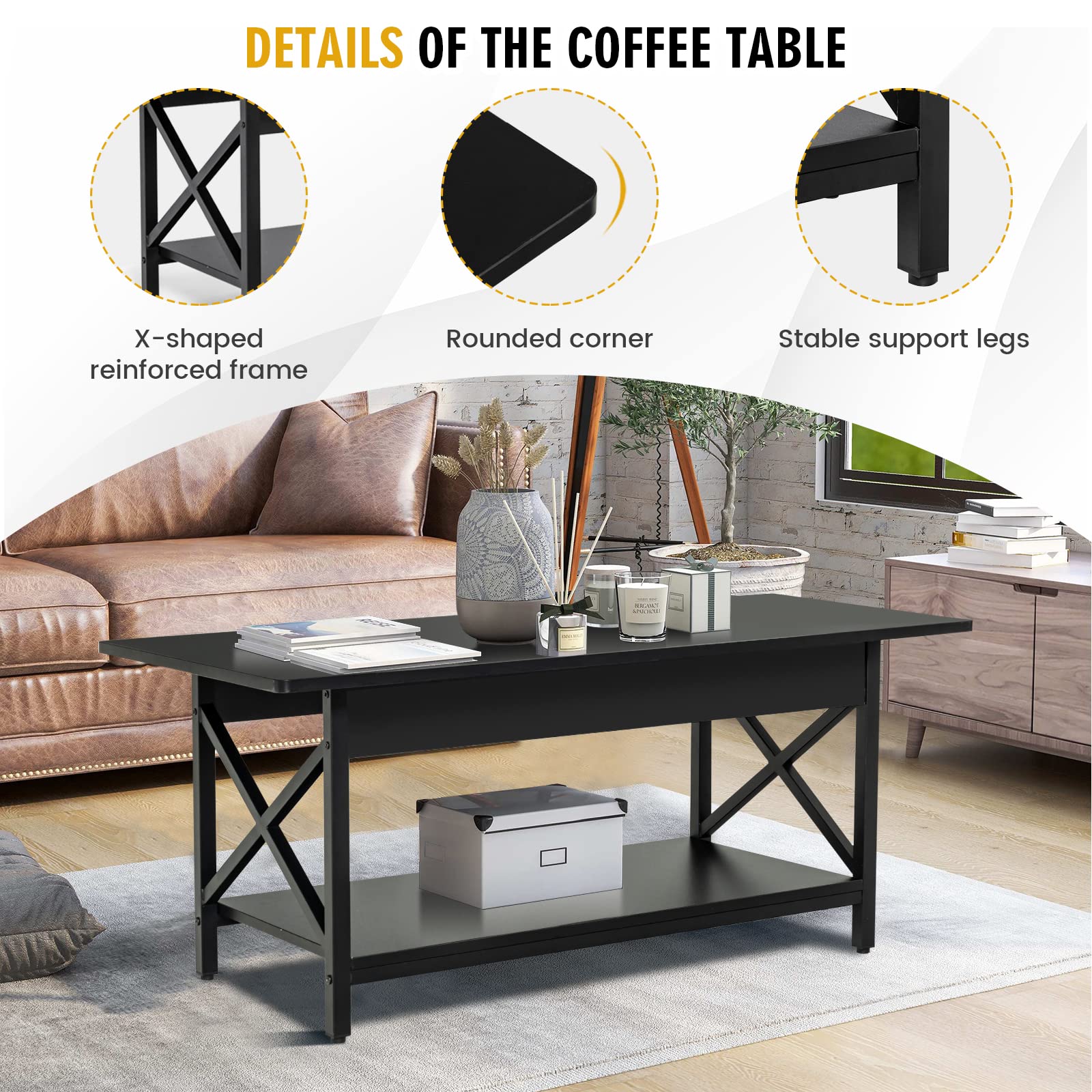 COSTWAY 2-Tier Industrial Coffee Table with Storage Shelf - X-Shape Steel Frame & Wood Top - Rectangle Sofa Side Table for Living Room, Home Office - Black | Perfect for Small Spaces, Coffee Shops & Modern Home Decor