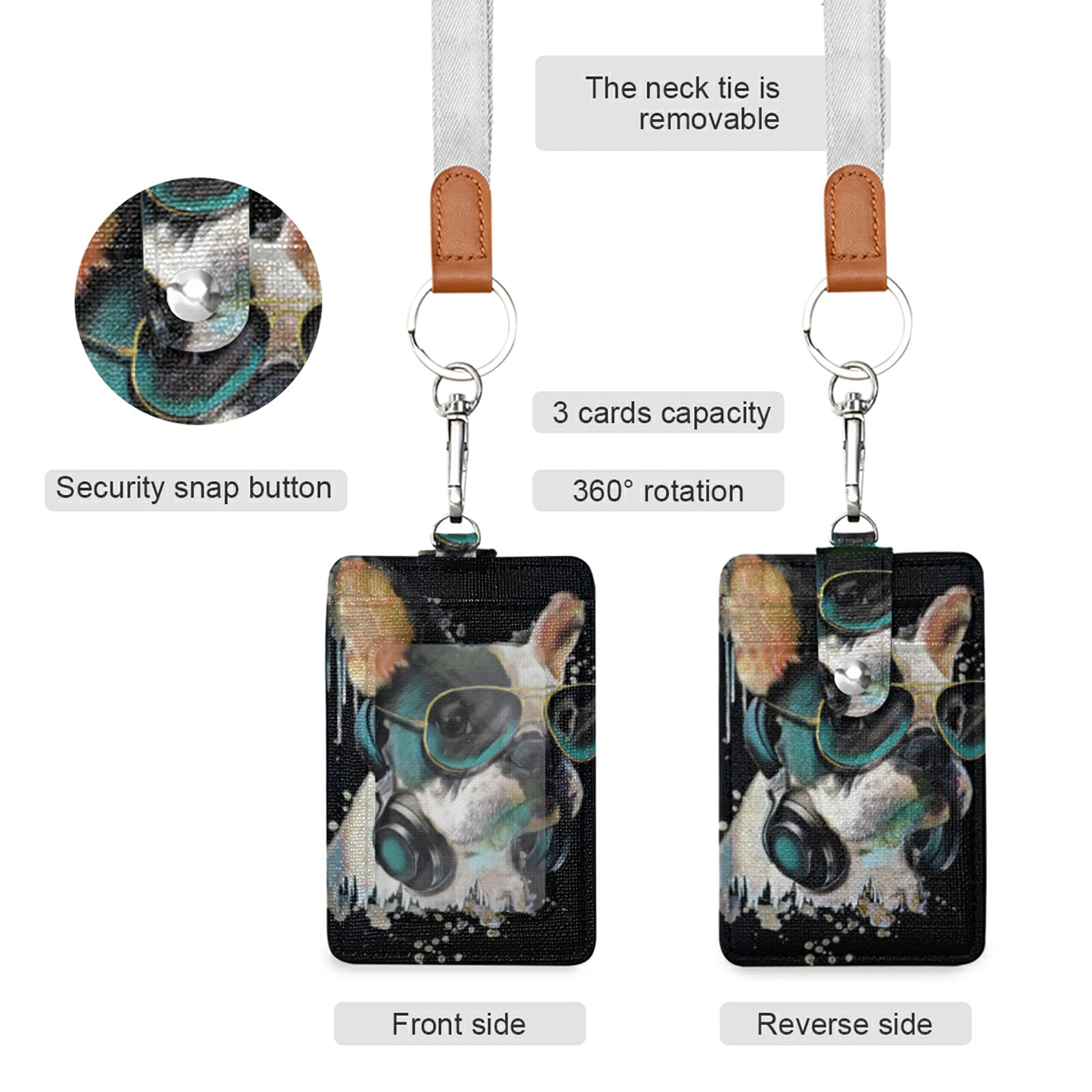 French Bulldog ID Badge Holder - Vertical Leather with Lanyard for Office & School Staff
