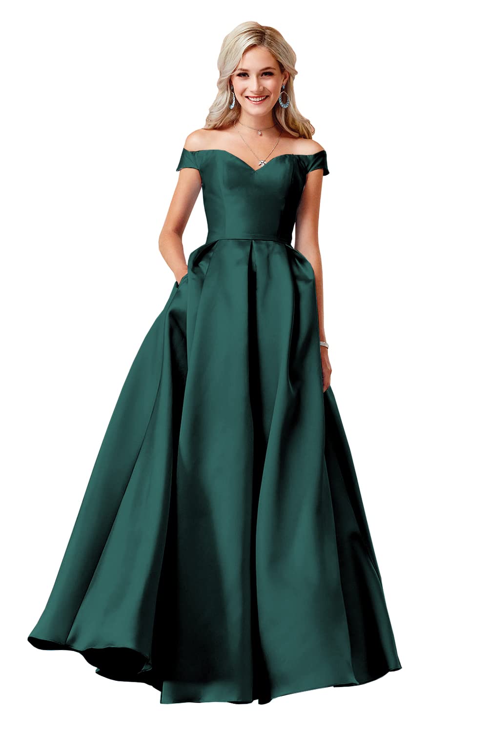 Elegant Off Shoulder Prom Dresses for Women - Long Satin Ball Gowns Formal Evening Gowns with Pockets | Homecoming, Wedding, Party & Special Occasions