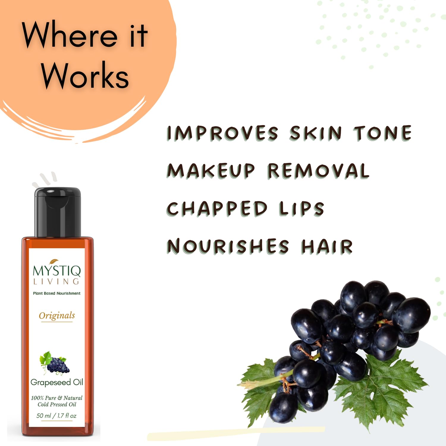 Cold Pressed 100% Pure Grapeseed Oil for Hair & Skin Care - Anti-Aging, Glow Booster, Acne Treatment | 50ml Natural Moisturizer for Face, Body & Hair | Perfect for Daily Skincare Routine & Massage Therapy