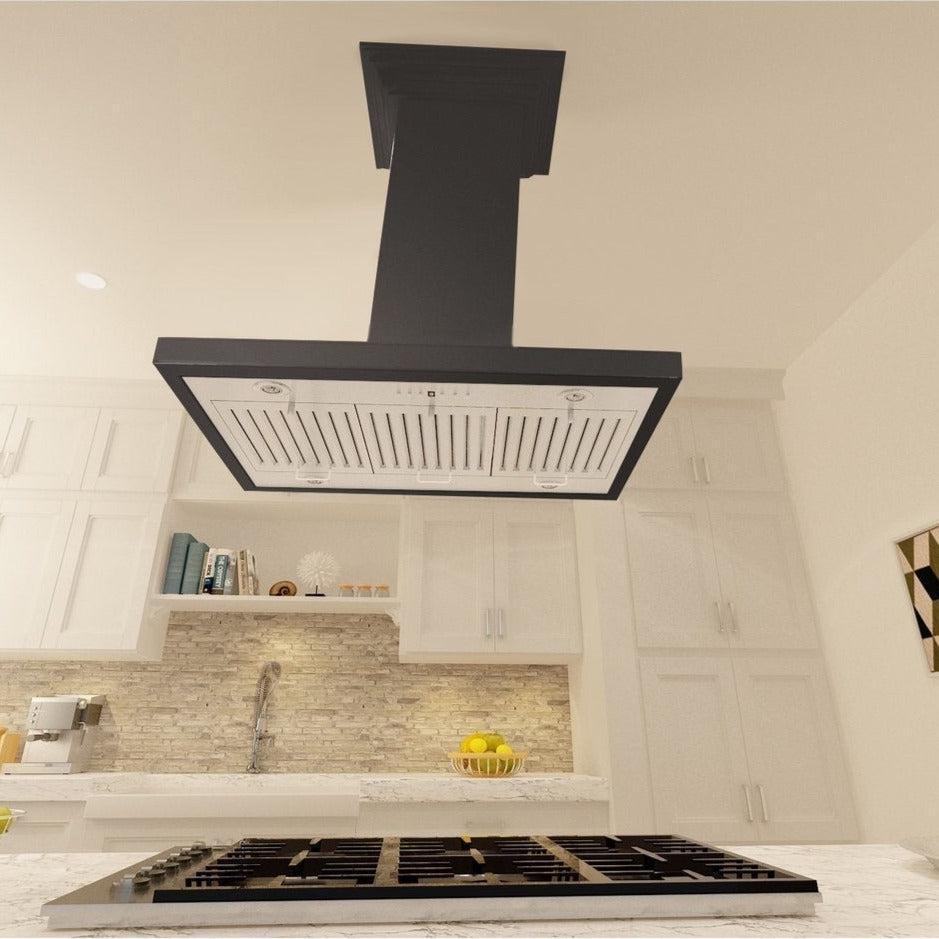 ZLINE Black Wooden Island Mount Range Hood - Modern Kitchen Ventilation for Home Cooking & BBQ | KBiCC Model