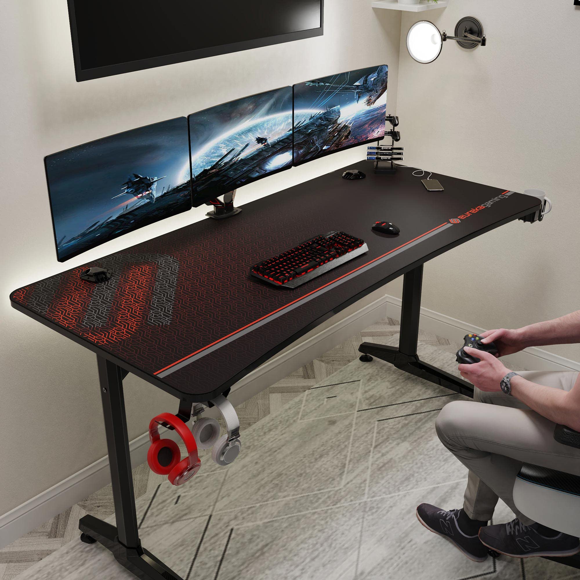 EUREKA ERGONOMIC 60 Inch Curved Gaming Desk with Large Adjustable Keyboard Tray - Perfect for PC Gaming, Streaming & Home Office Setup