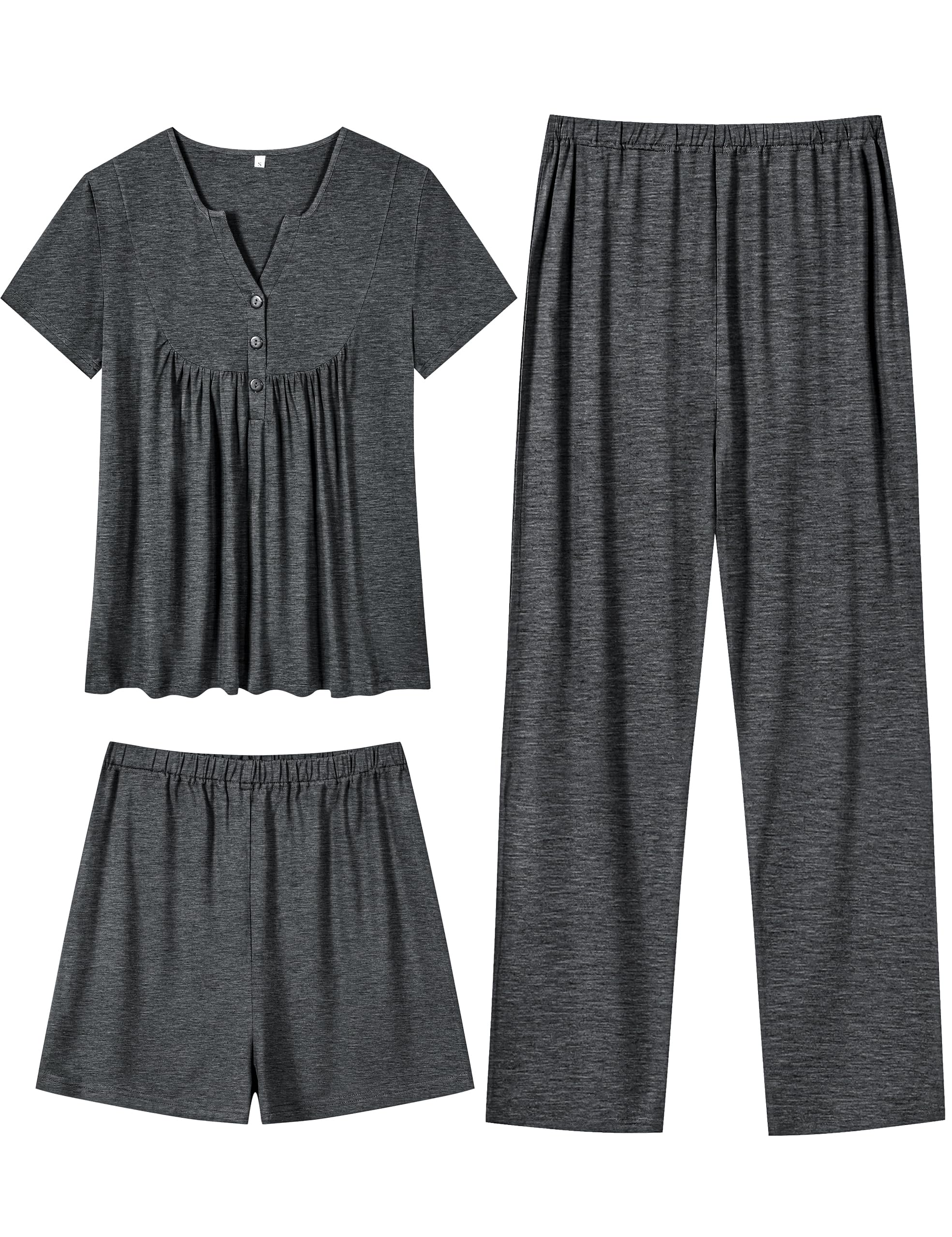 SWOMOG Women's Maternity Nursing Pajama Set - 3 Piece Breastfeeding Sleepwear with Short Sleeve Top & Pants for Pregnancy & Postpartum Comfort - Perfect for Nighttime Nursing, Hospital Stay & Relaxing at Home