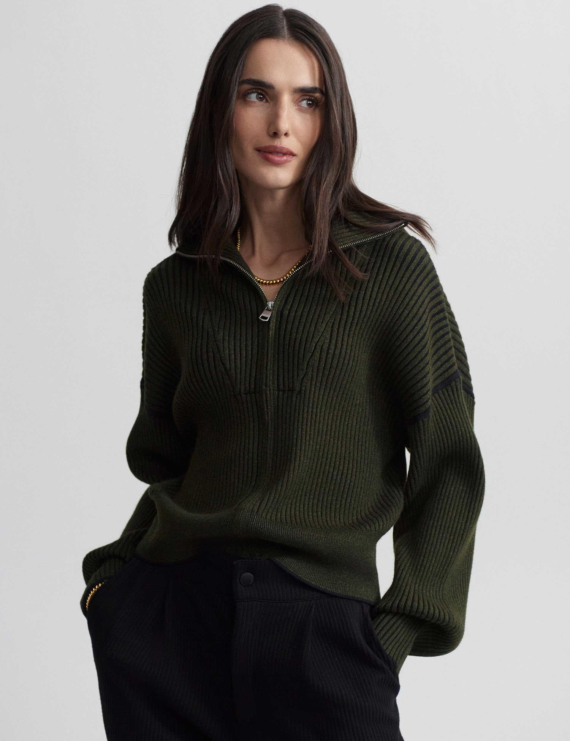 Carmen Zip Through Rib Knit Sweater - Dark Olive Green Women's Pullover for Casual Wear & Fall Fashion