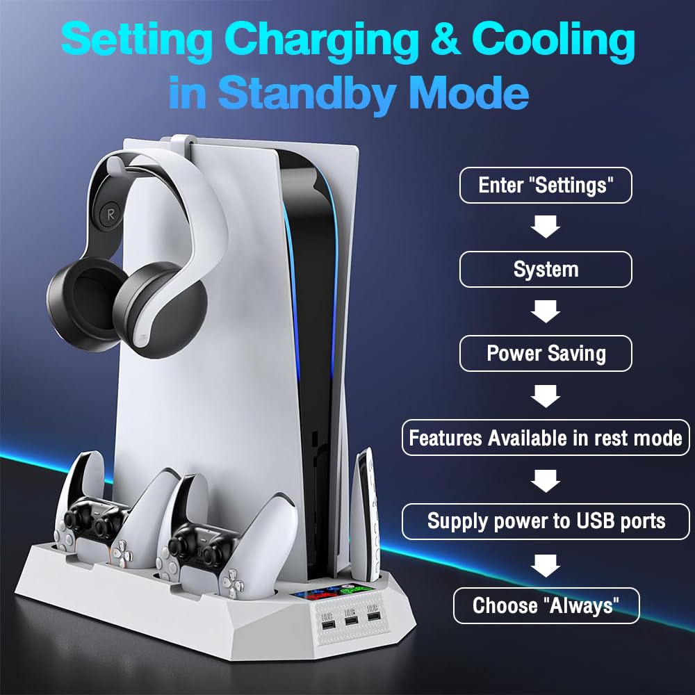 PS5 Stand with Cooling Fan, RGB Lights, Dual Controller Charger, Headset Holder & 15 Game Slots – Vertical Stand for PS5 Disc, PS5 Slim & Digital Edition – Perfect for Gaming Setup & Entertainment Center