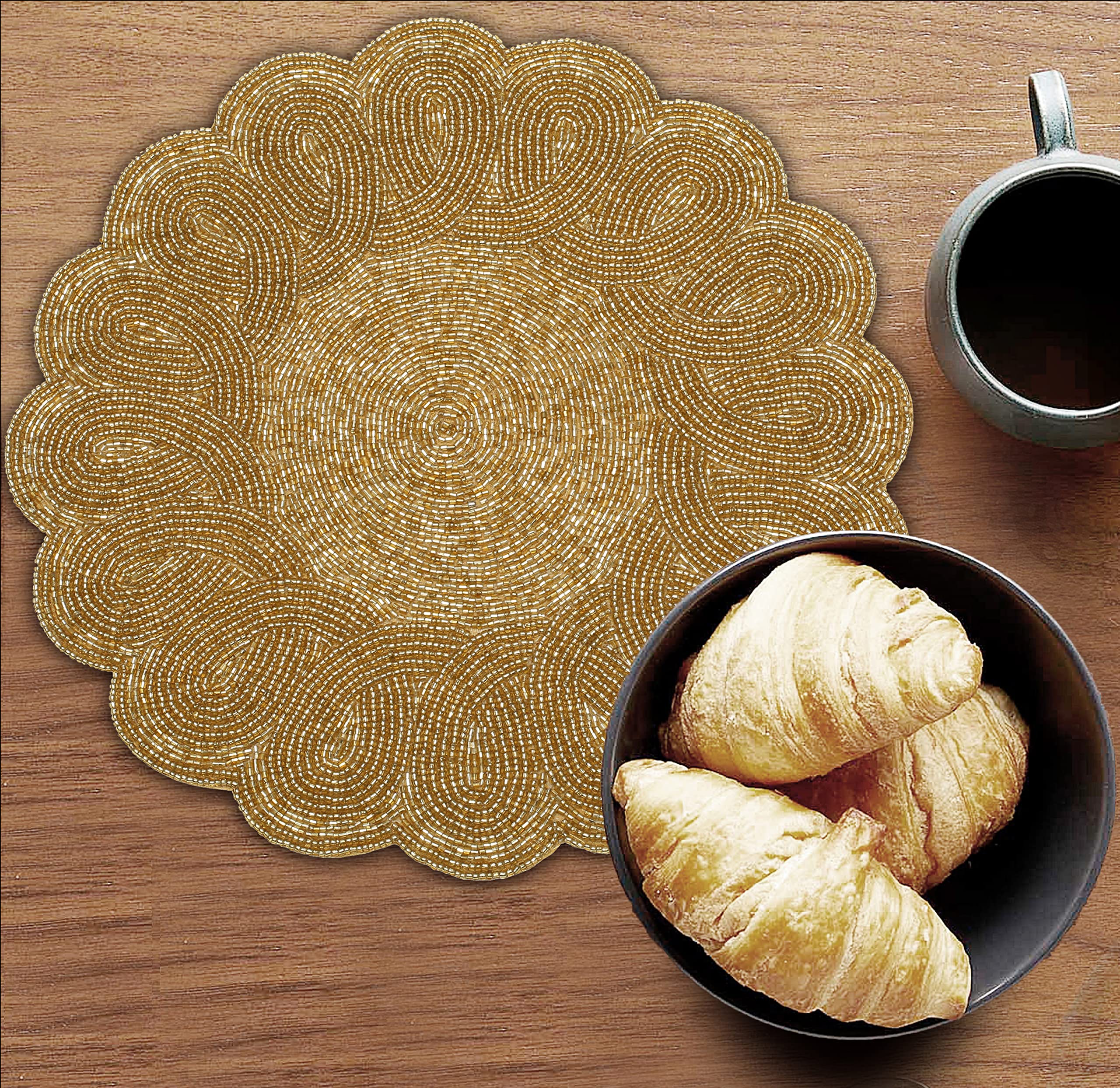 Lightnpro Christmas Beaded Placemat Set of 2 - 13 Inch Round Embroidered Gold Table Mats, Handmade Beaded Charger Plates for Holiday Dining Decor, Perfect for Christmas Dinner Party Table Setting & Festive Home Decor