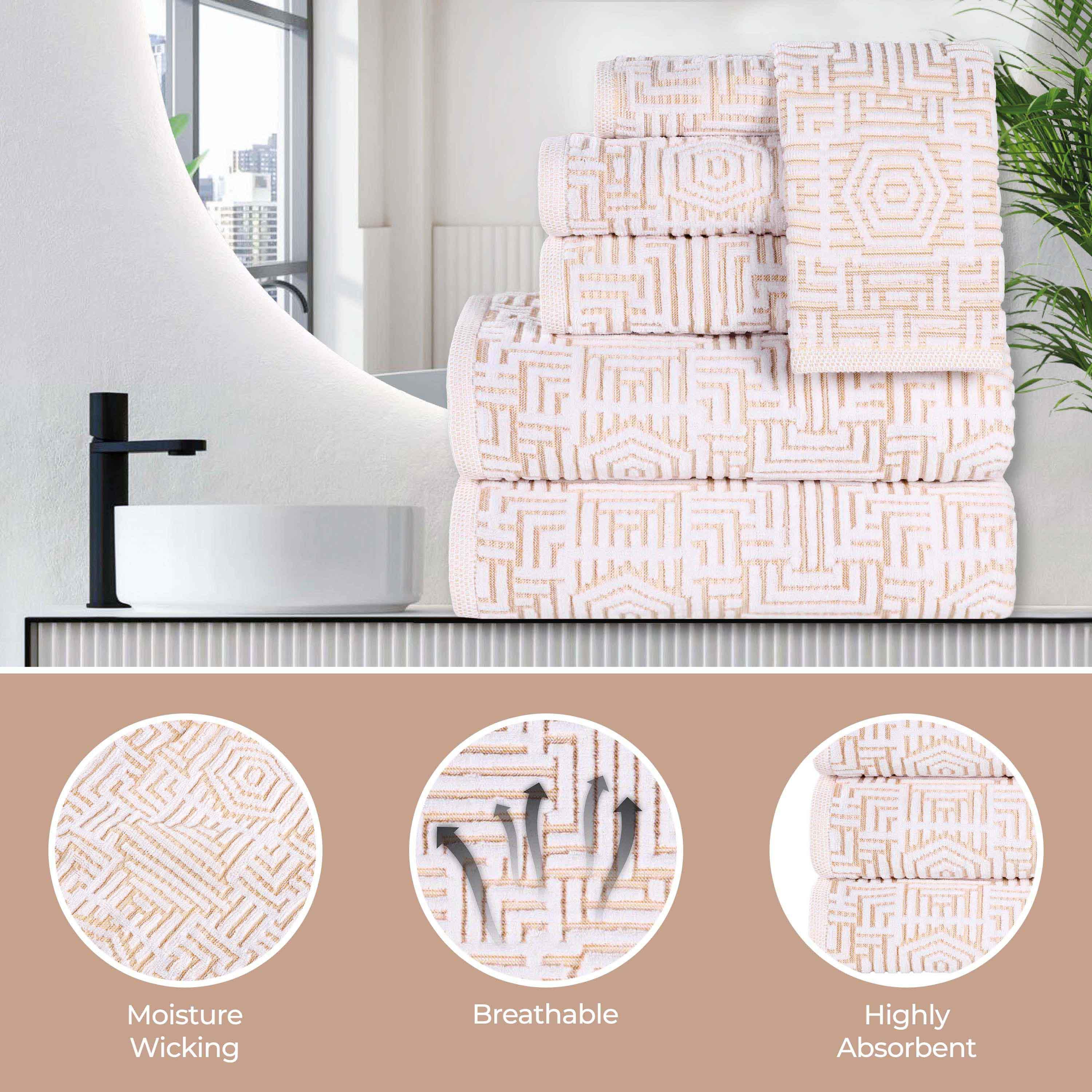 Premium Cotton Modern Geometric Jacquard Plush Absorbent Hand Towels - Set of 6 | Soft Bathroom & Kitchen Towels for Home, Gym, Spa & Travel Use