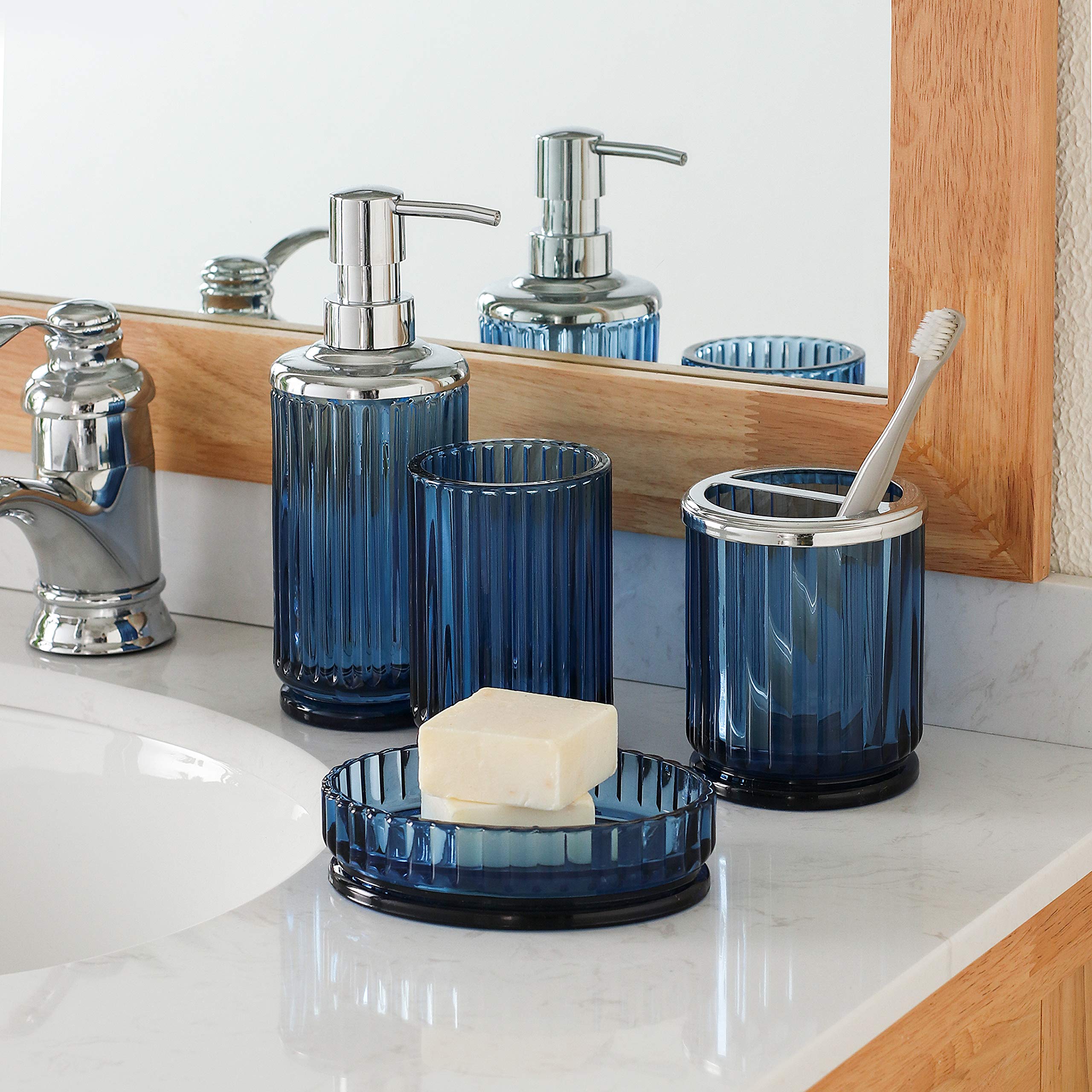 4-Piece Heavyweight Blue Glass Bathroom Accessories Set with Decorative Pressed Pattern - Includes Soap Dispenser, Toothbrush Holder, Soap Dish & Tumbler in Cobalt Blue | Modern Bathroom Decor for Home, Hotel & Spa Use