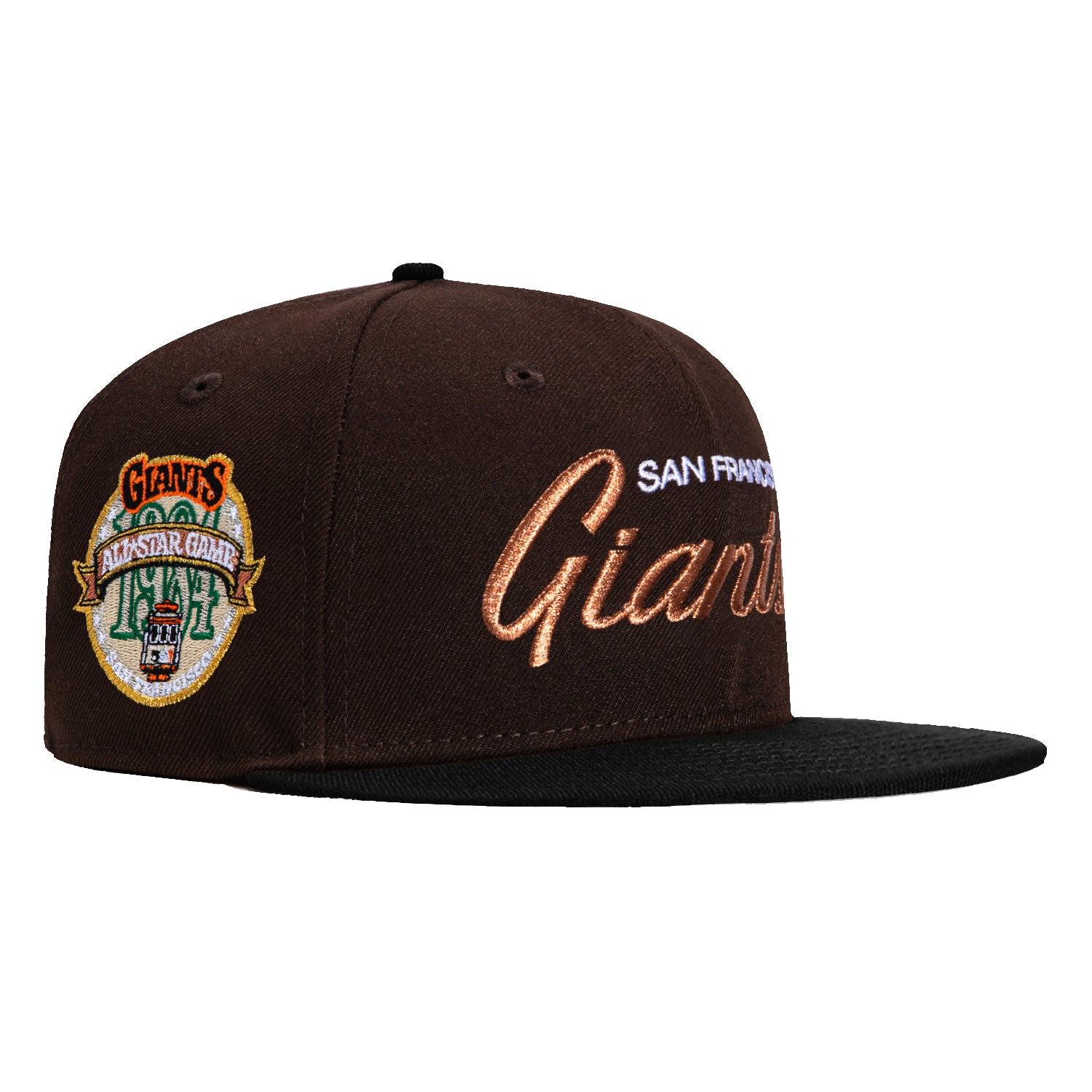 New Era 59Fifty San Francisco Giants 1984 All Star Game Patch Script Hat - Brown, Black, Metallic Copper - Vintage Baseball Cap for Fans & Collectors | Perfect for Games, Gifts & Sports Memorabilia