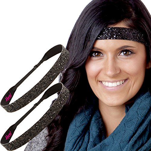 Adjustable Non-Slip Glitter Headbands for Women & Girls - Fashion Bling Hair Accessories 2 Pack (Black) - Perfect for Sports, Workouts, School & Everyday Wear
