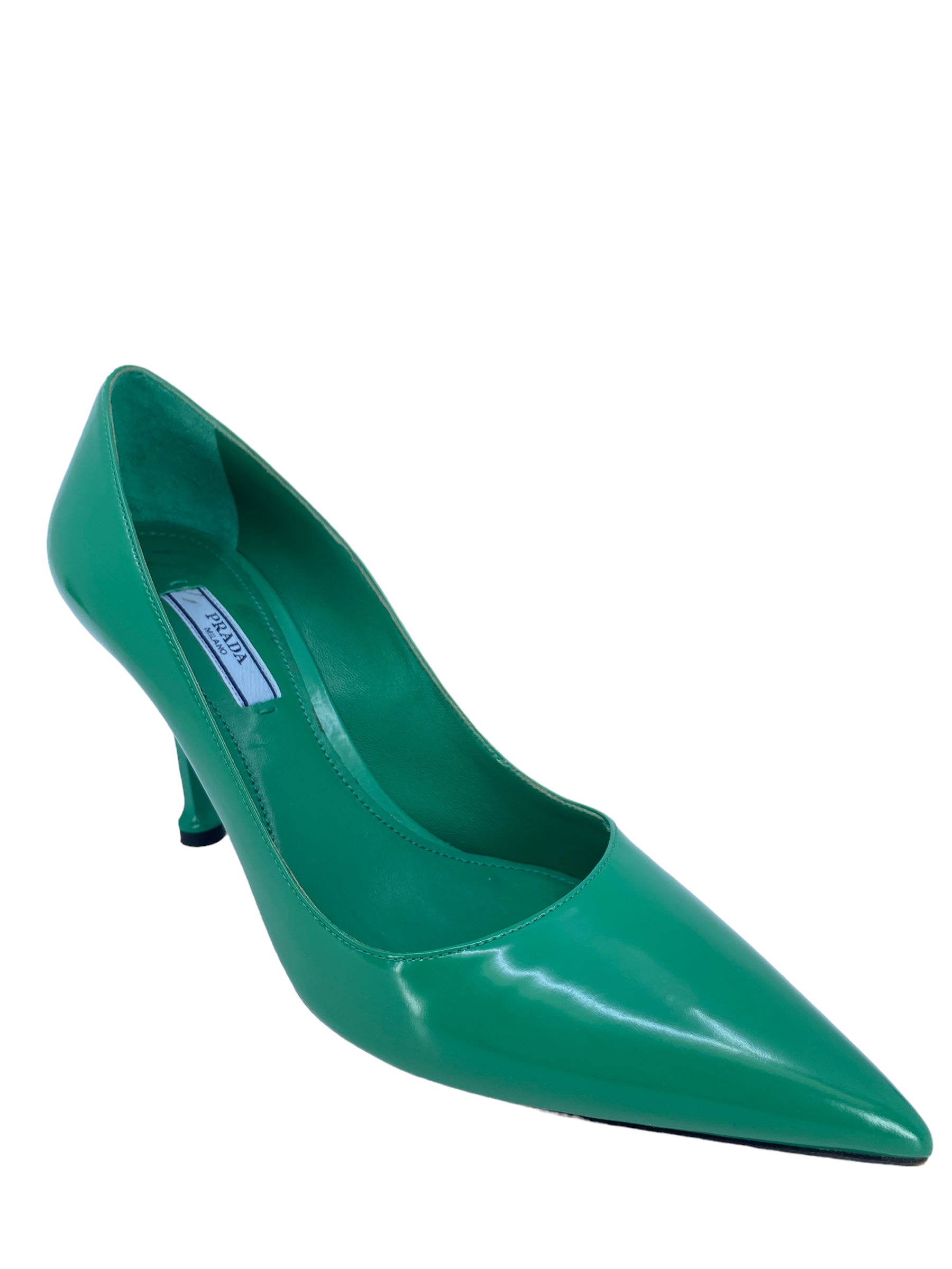 Prada Green Leather Pumps Women's Size 7.5 - Luxury Italian Designer Heels for Office, Party & Special Occasions