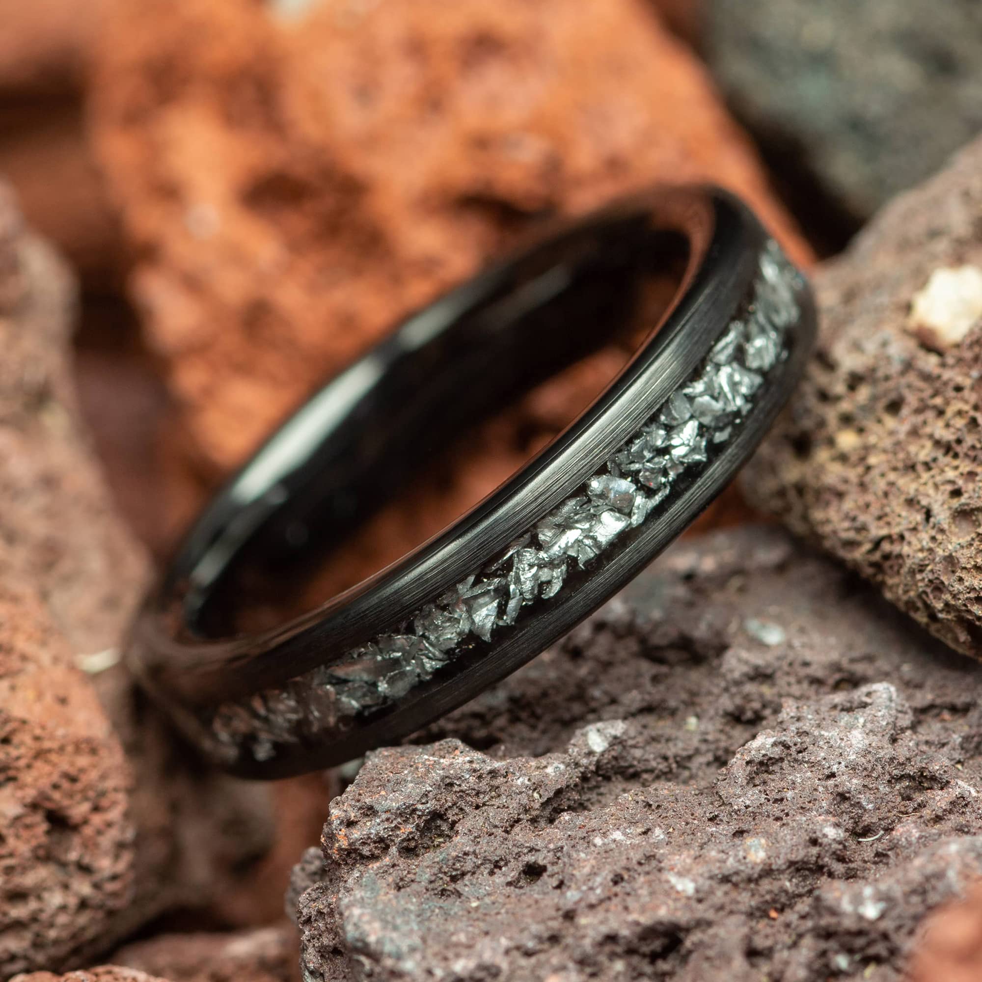 Black Tungsten Meteorite Women's Wedding Ring - 4mm Comfort Fit Band for Her - Perfect for Engagement, Anniversary & Everyday Wear