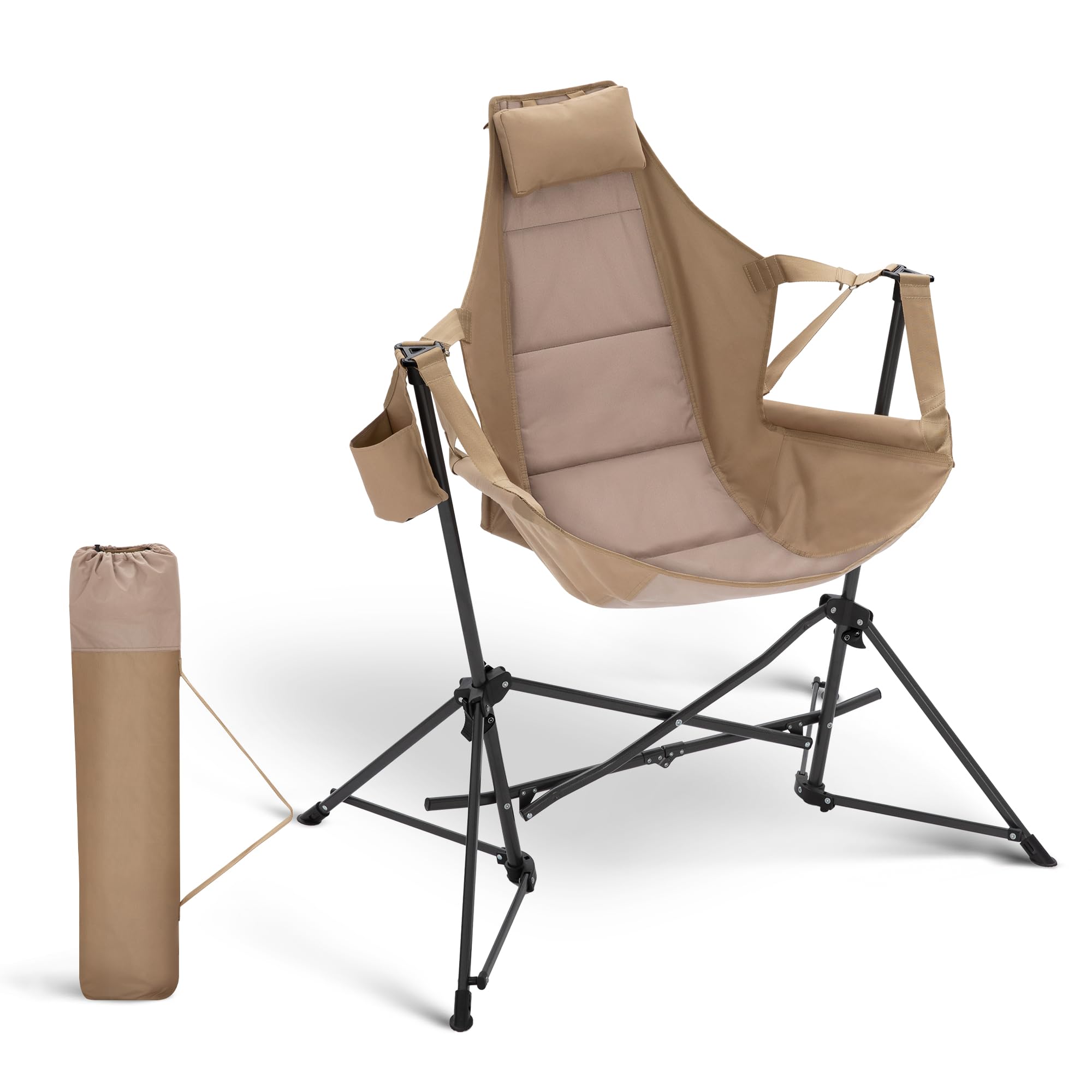 Portable Hammock Camping Chair with Adjustable Back - Heavy Duty Folding Outdoor Rocking Chair for Adults - Includes Cup Holder & High Back Support - Perfect for Backyard, Beach, Camping & Patio Relaxation (Beige)