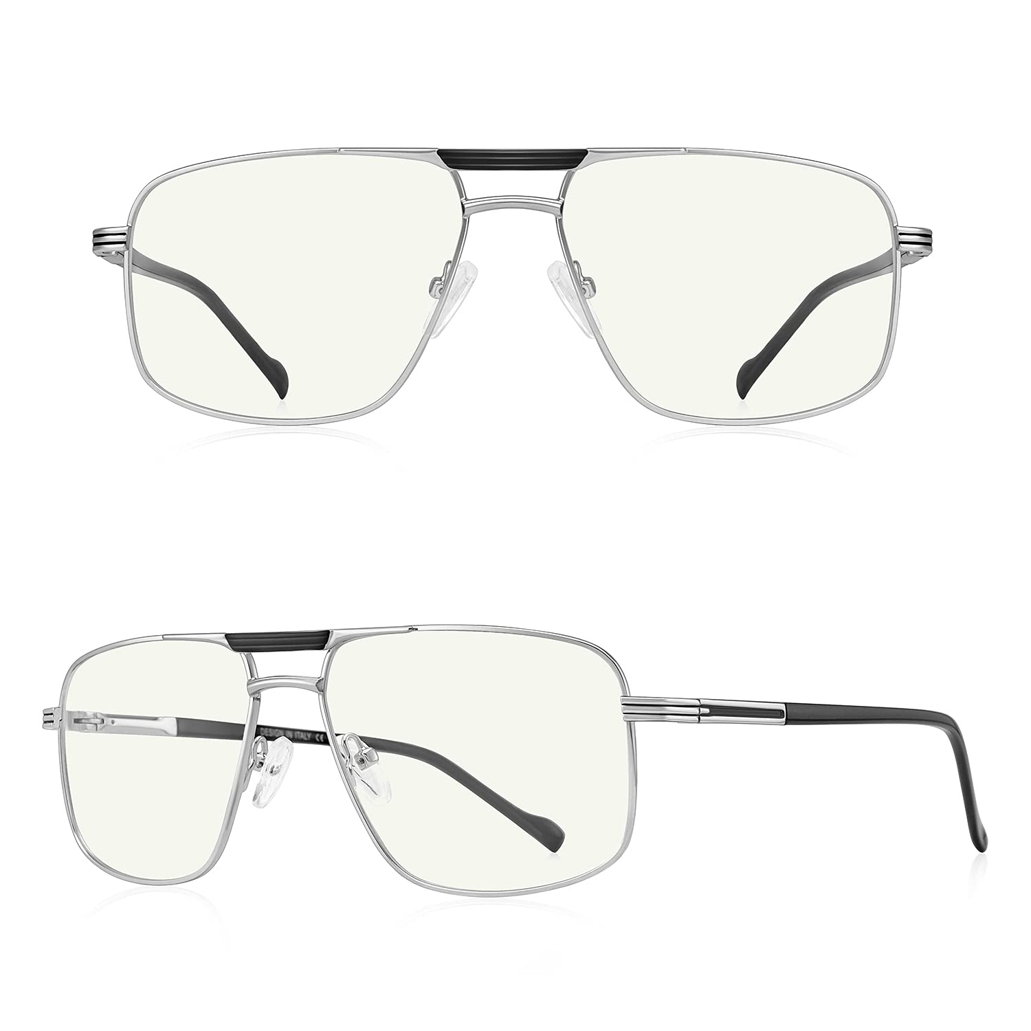 Blue Light Blocking Reading Glasses for Men - Square Frame with Double Bridge - Computer Glasses for Office Work, Screen Time & Reading
