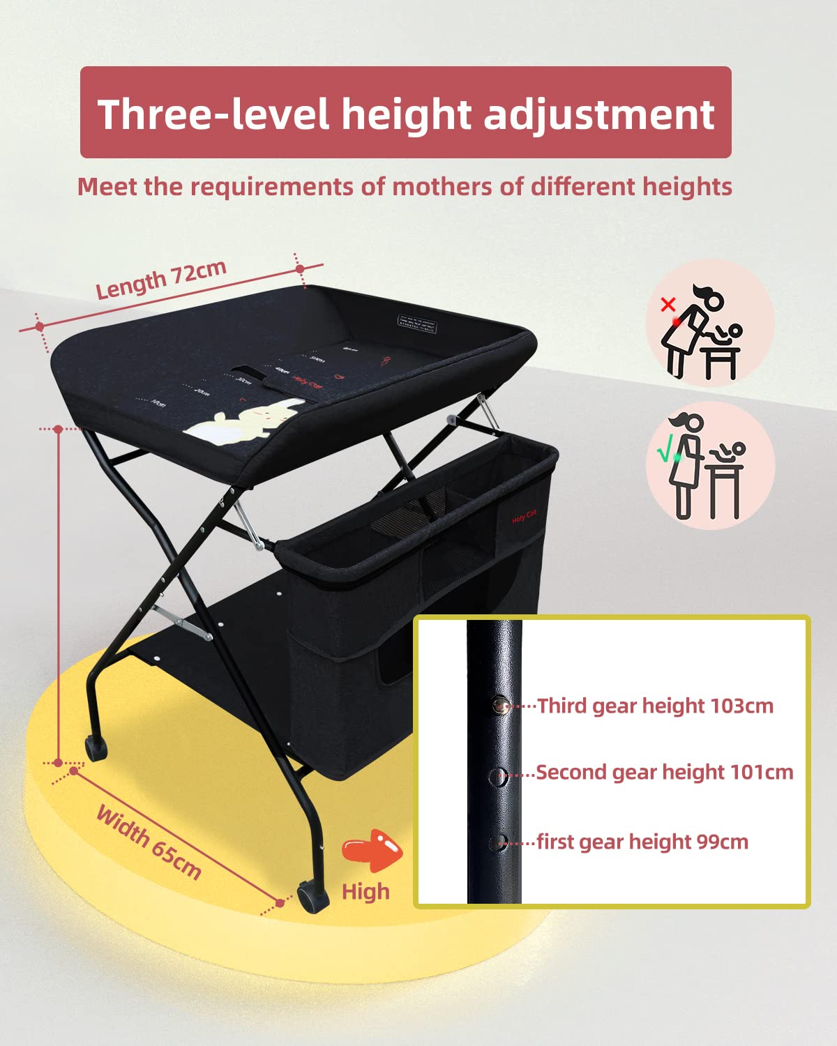 Portable Baby Changing Table with Wheels - Adjustable Height Folding Diaper Station, Mobile Nursery Stand with Storage Rack for Newborns - Lightweight & Sturdy (Black) | Perfect for Nursery, Bedroom, and Travel Use