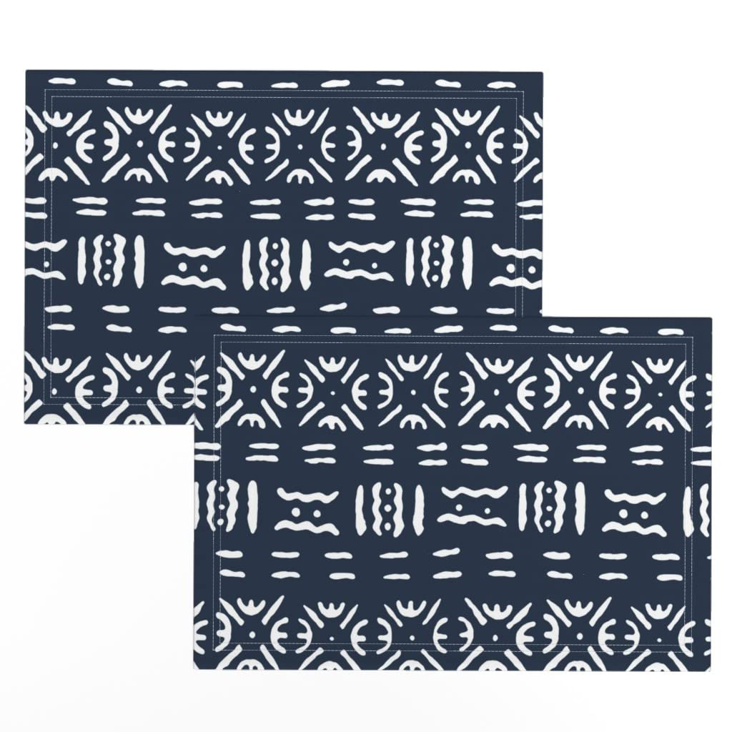 Spoonflower Linen Cotton Canvas Placemats Set of 2 - Mudcloth Navy Blue Boho Western African Inspired Table Mats for Dining Room Decor & Kitchen Table Setting