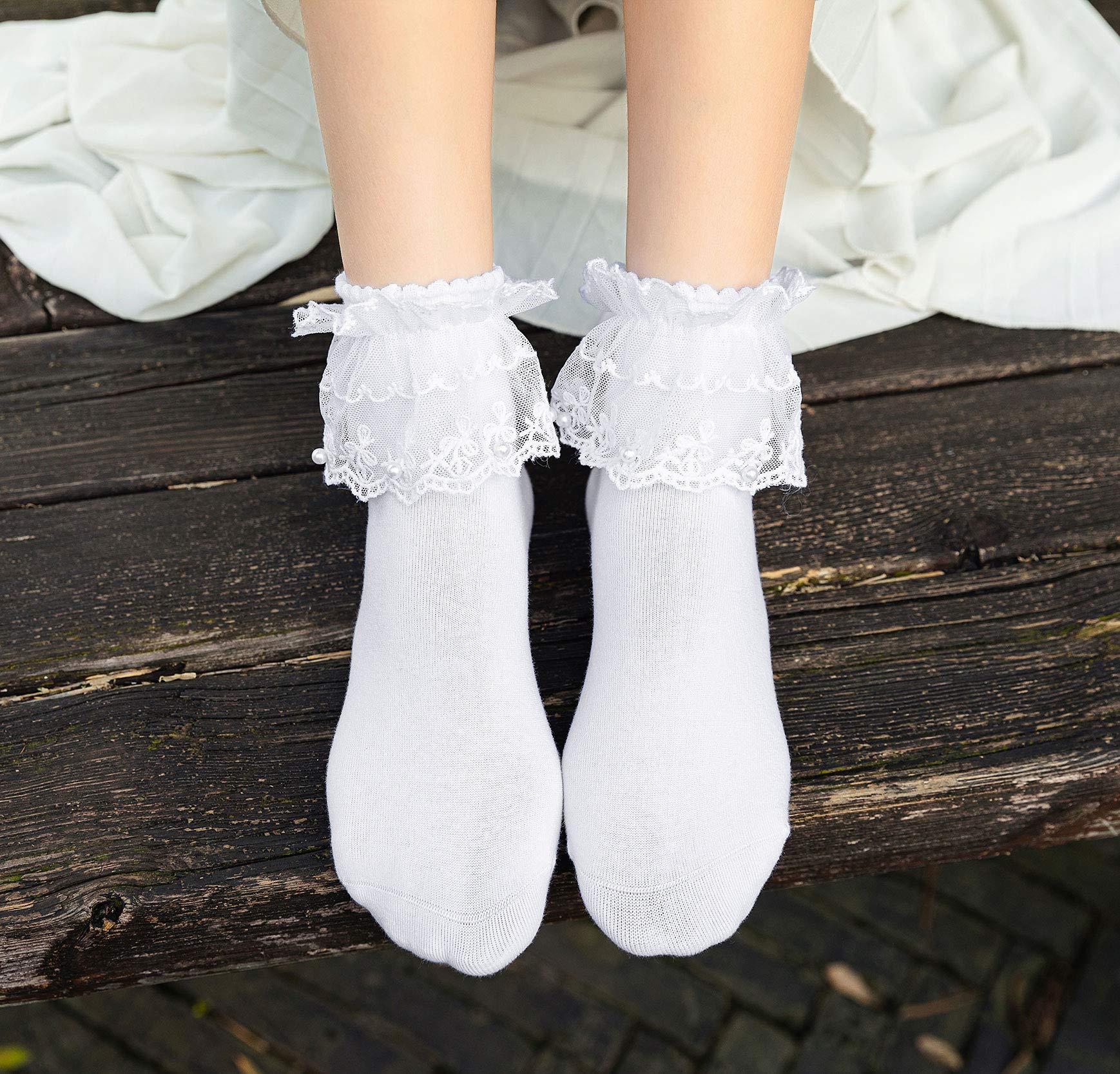 SEMOHOLLI Women's Pearl Lace Ruffle Ankle Socks - No-Show Cotton Princess Socks for Comfort & Style - Perfect for Ballet Flats, Sneakers and Everyday Wear