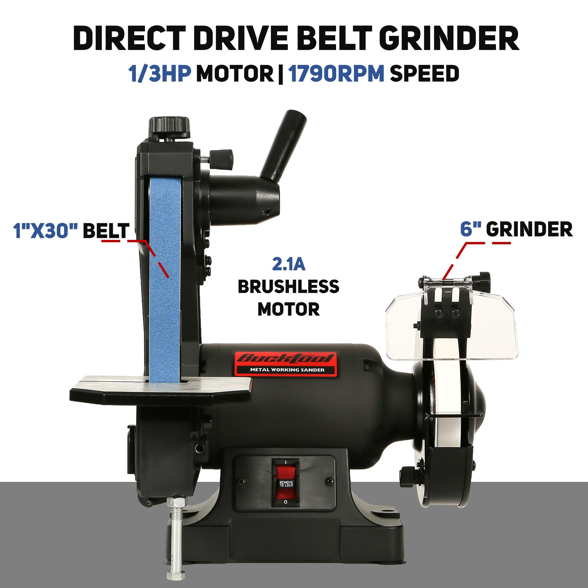 Bucktool 1x30 Inch Belt & 6 Inch Grinder Combo - 1/3 HP Low Speed Bench Belt Disc Sander for Knife Making, Sharpening, Woodworking & Metalworking - Perfect for DIY Projects, Home Workshops & Professional Metal Fabrication