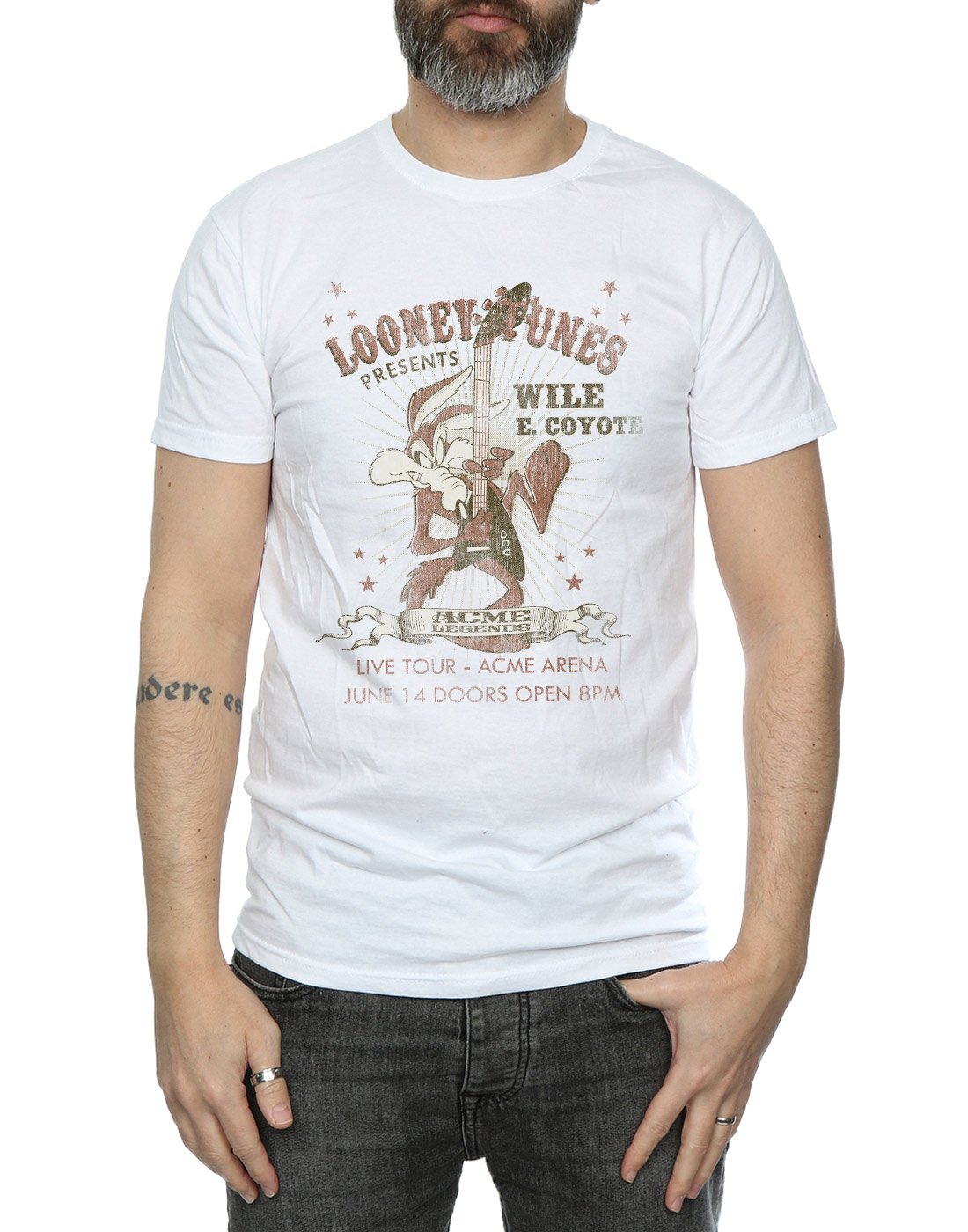 Looney Tunes Wile E Coyote Guitar Graphic T-Shirt for Men - White, Large Size | Casual Wear, Gift for Cartoon Fans, Music Lovers