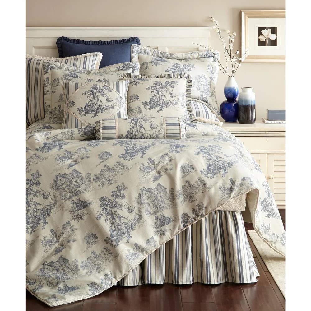 Premium 3-Piece King Size Comforter Set - Oversized White & Blue Toile Pattern Victorian Shabby Chic Bedding with Flange Edging | Ultra Soft Woven Acrylic Cotton Fabric for Cozy Bedroom Decor & Guest Room Styling