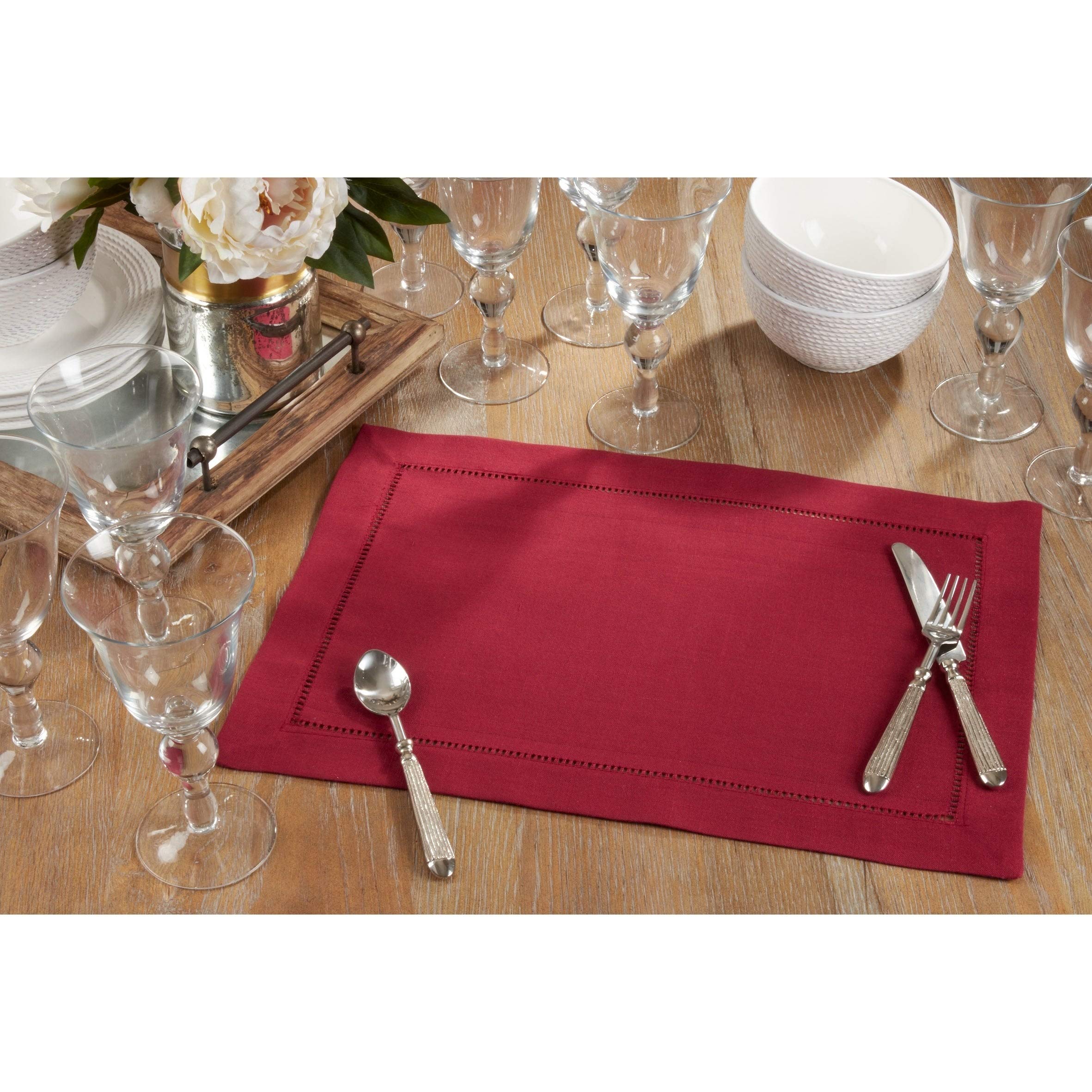 Premium Classic Hemstitch Border Placemats Set of 12 - Red Oblong Polyester Table Mats for Dining, Parties & Home Decor