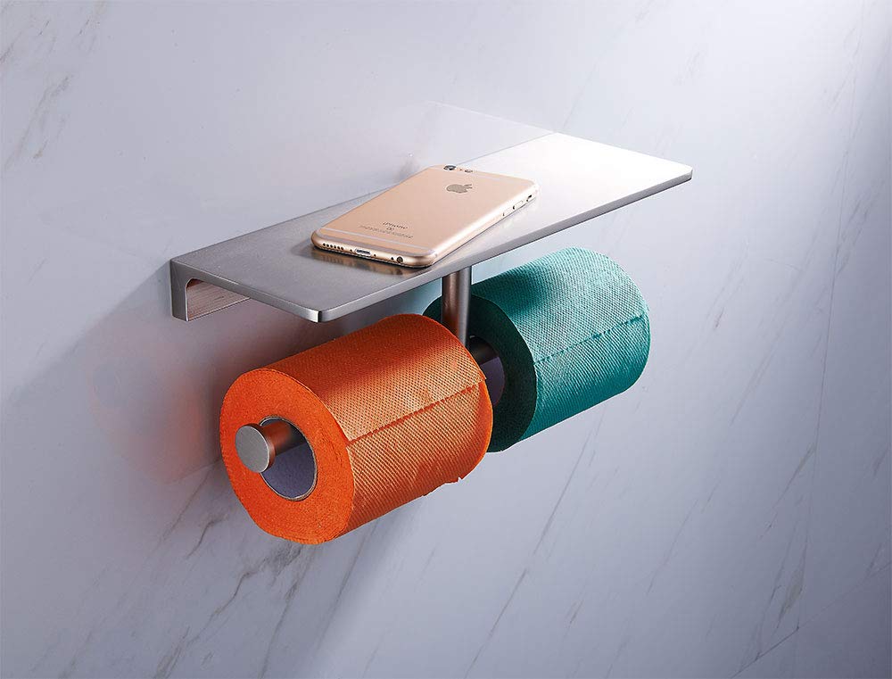 Brushed Nickel Double Toilet Paper Holder with Storage Shelf - Wall Mount Brass Tissue Dispenser for Bathroom, Home & Hotel Use - Perfect for Small Spaces and Guest Bathrooms