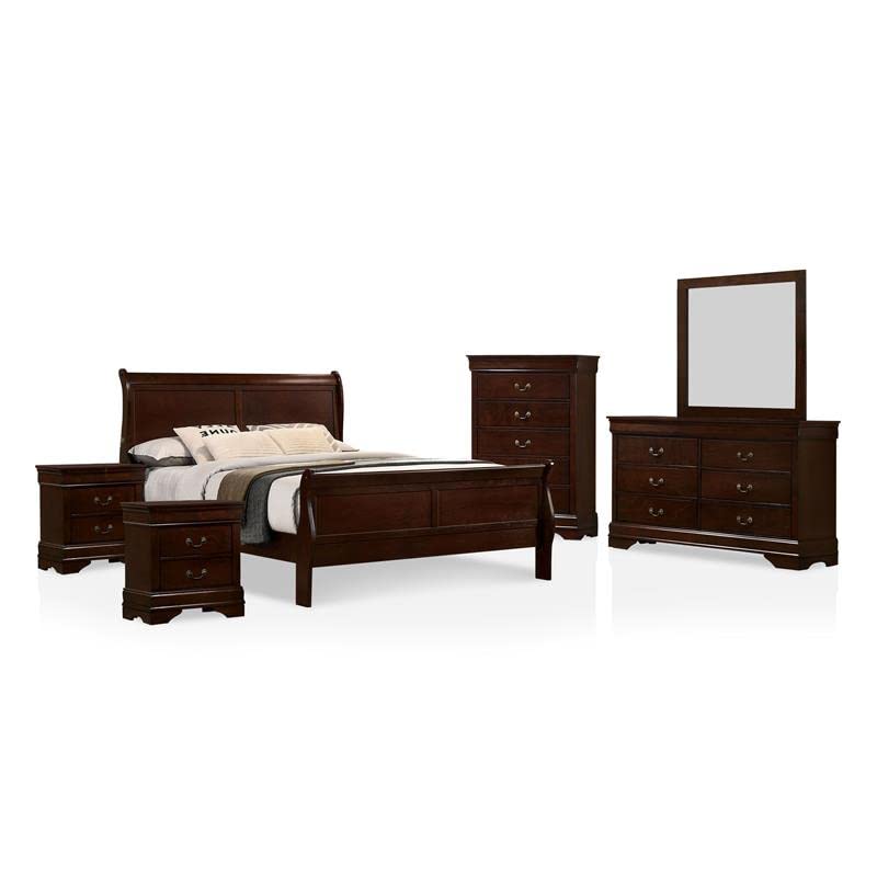 FOA Jussy 6-Piece Cherry Wood Bedroom Set - California King Bed, 2 Nightstands, Dresser, Chest & Mirror | Solid Wood Furniture for Master Bedroom | Elegant Home Decor for Modern Bedrooms