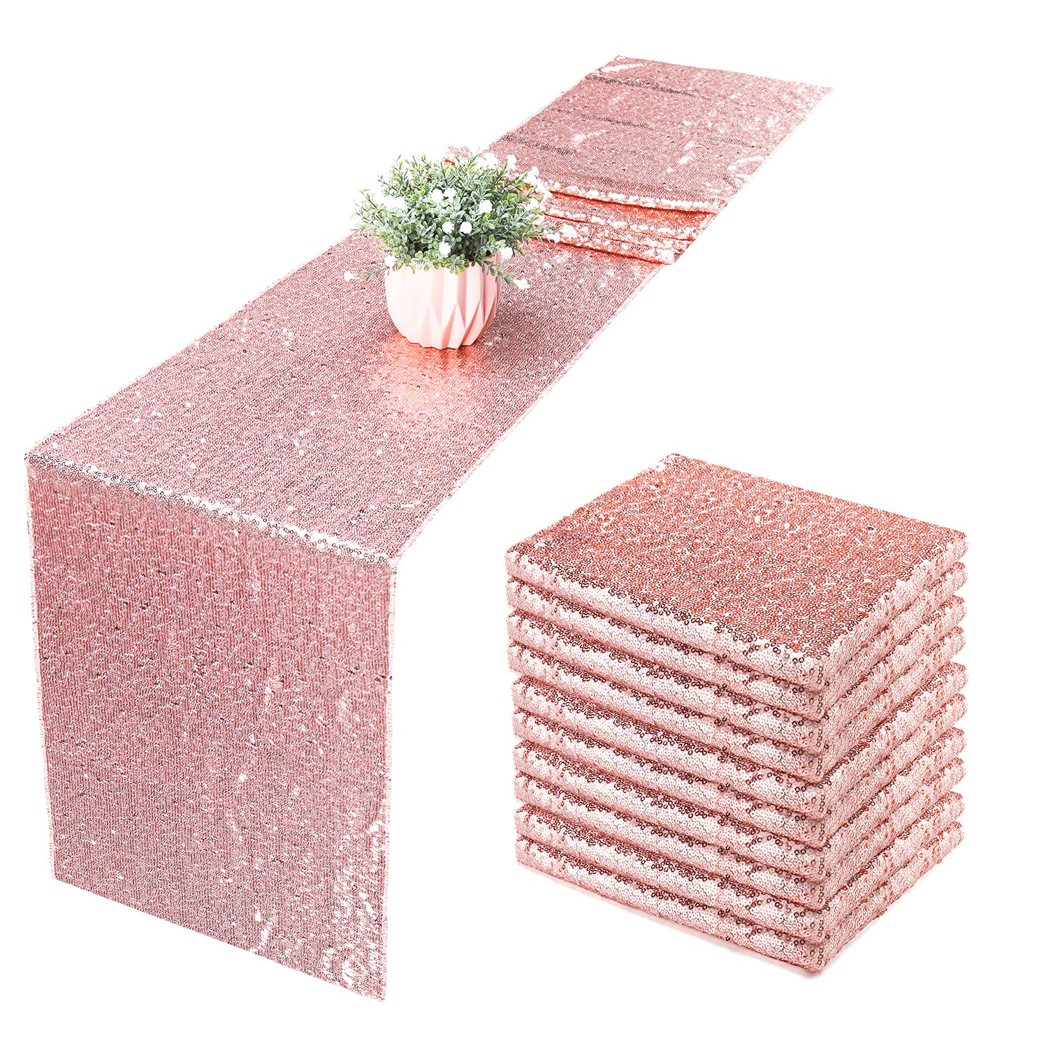 10 Pack Rose Gold Sequin Table Runners 12x108 Inch - Glitter Sparkle Table Covers for Wedding, Birthday, Christmas, Holiday Decorations - Perfect for Party, Banquet, and Special Event Decor