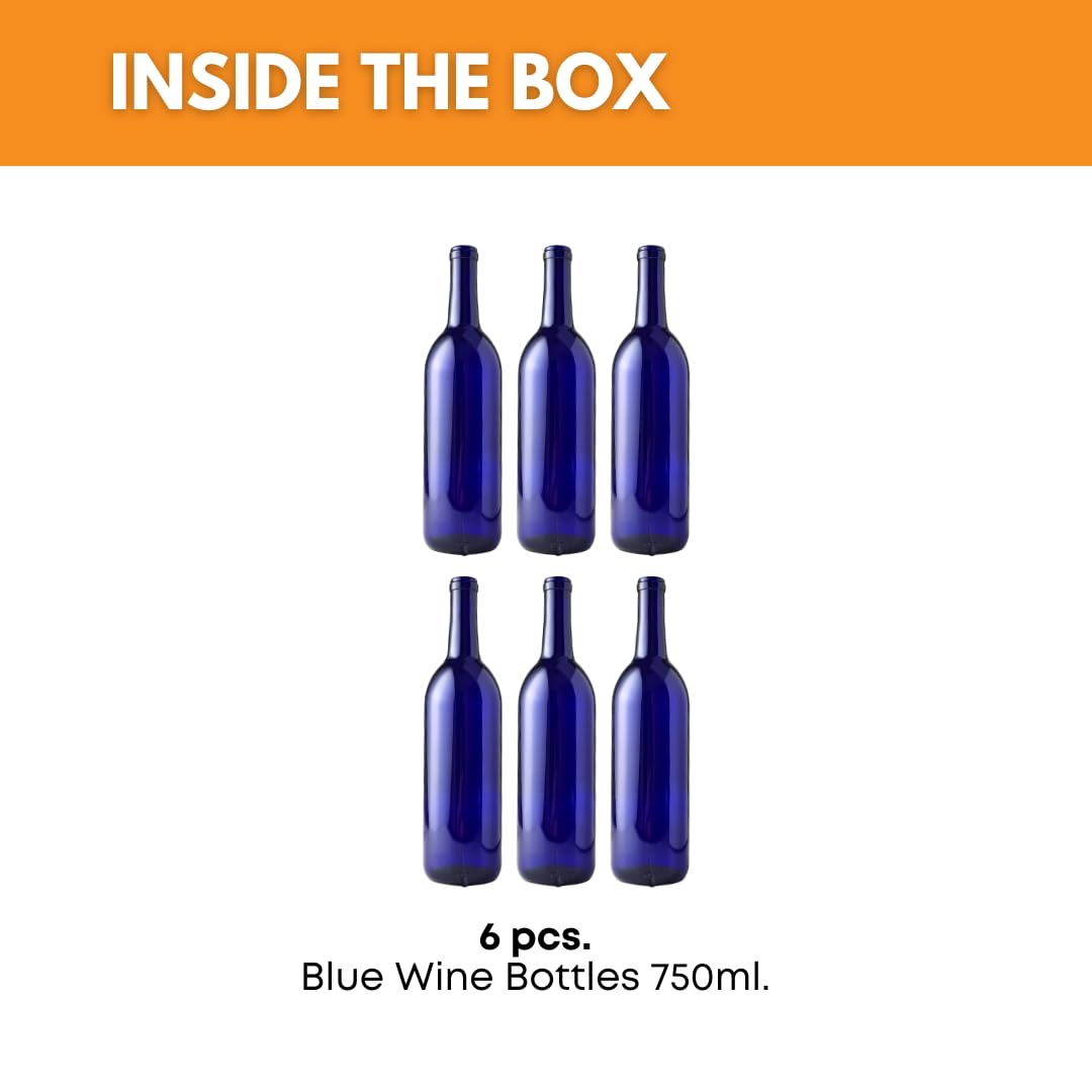 Premium 750ml Blue Bordeaux Wine Bottles (Pack of 6) - Flint Flat-Bottomed Glass Bottles for Home Winemaking, Storage & Gifts - Ideal for DIY Wine Kits, Vinegar Brewing & Decorative Display